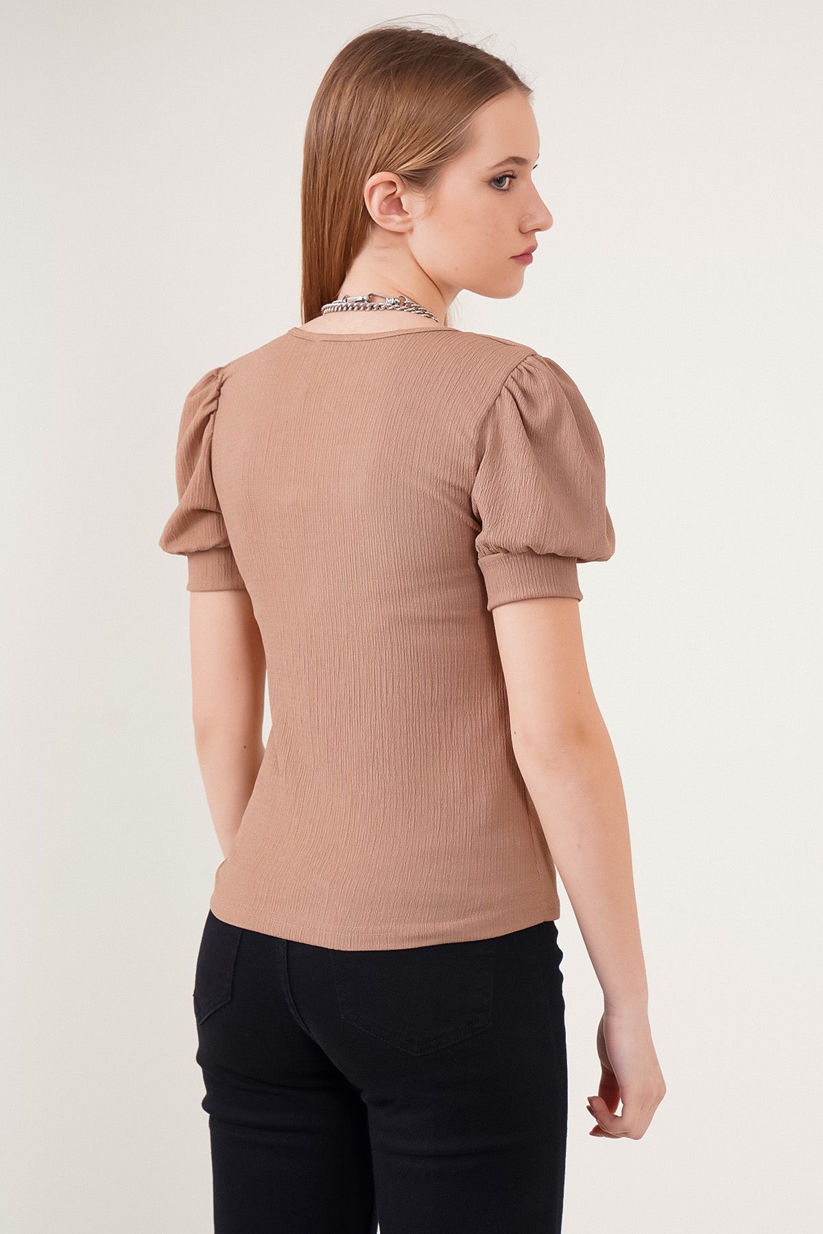 0409 Kare Yaka Örme Bluz - B.Kahverengi