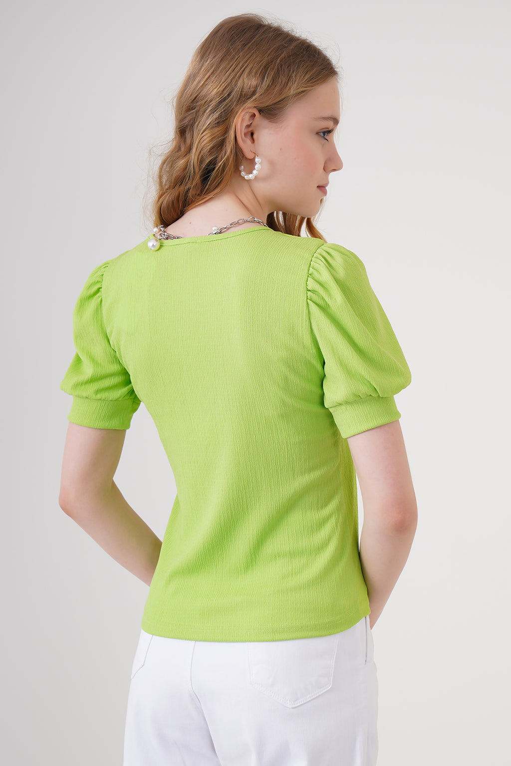 0409 Kare Yaka Örme Bluz - E.Yeşil