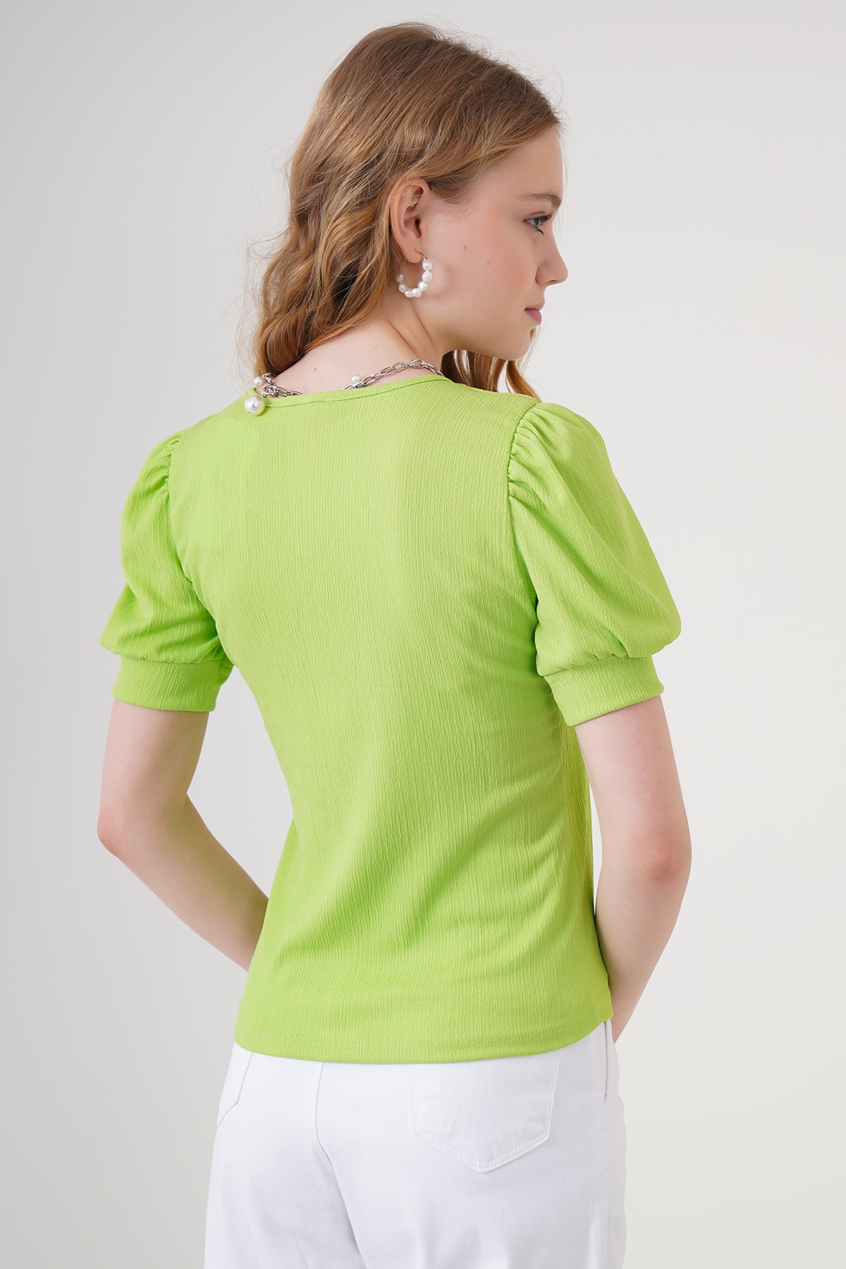 0409 Kare Yaka Örme Bluz - E.Yeşil