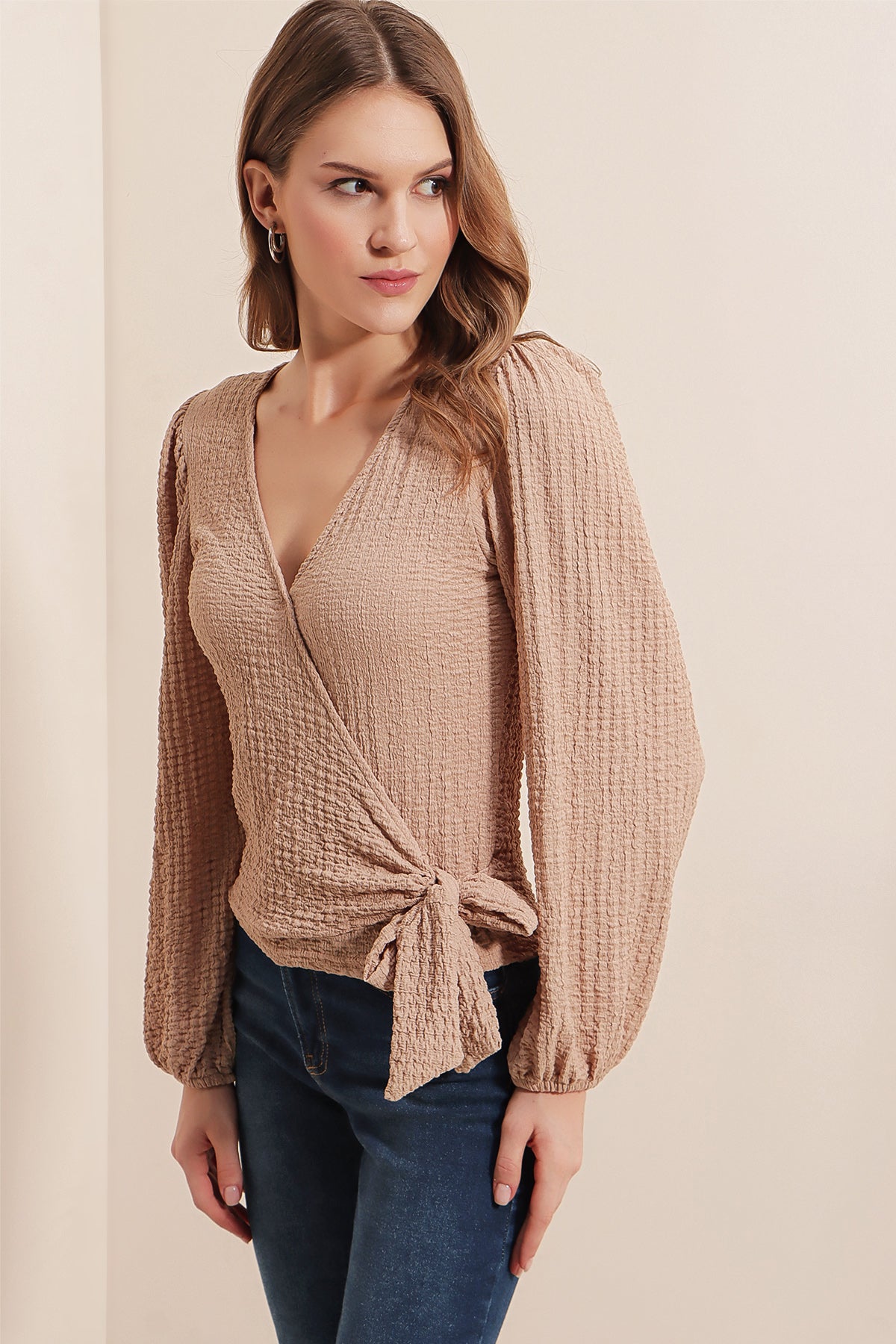 0441 Anvelop Örme Bluz - Bej