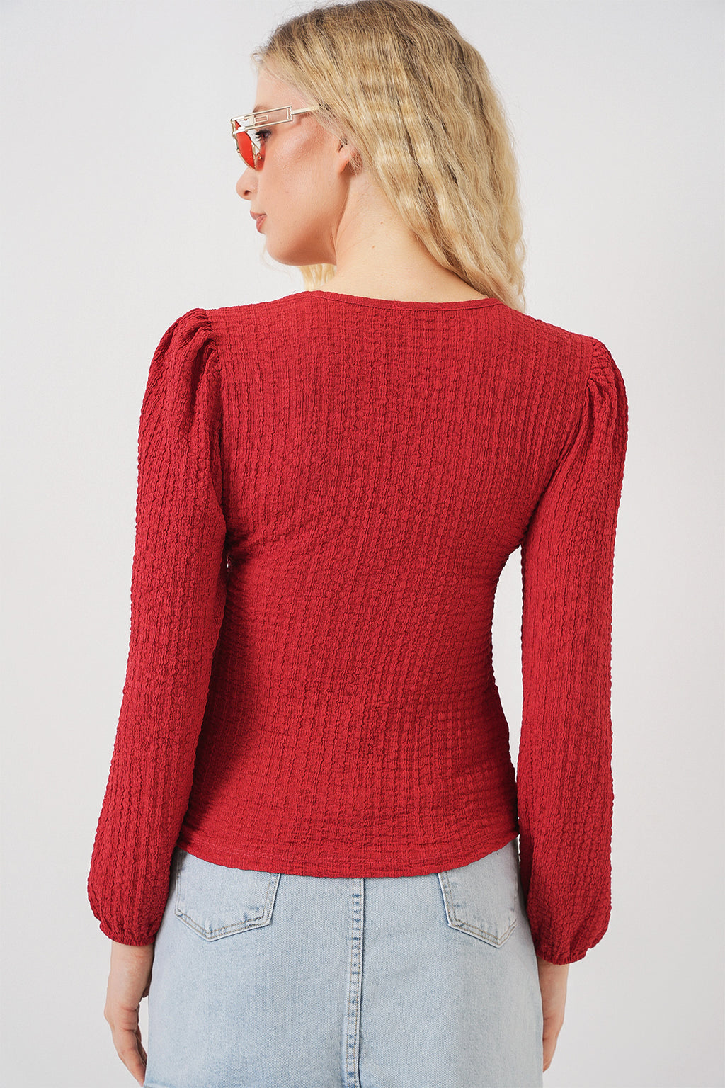0442 Uzun Kollu Bluz - Kırmızı