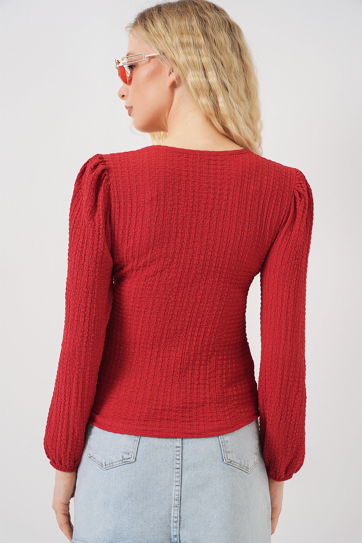 0442 Uzun Kollu Bluz - Kırmızı