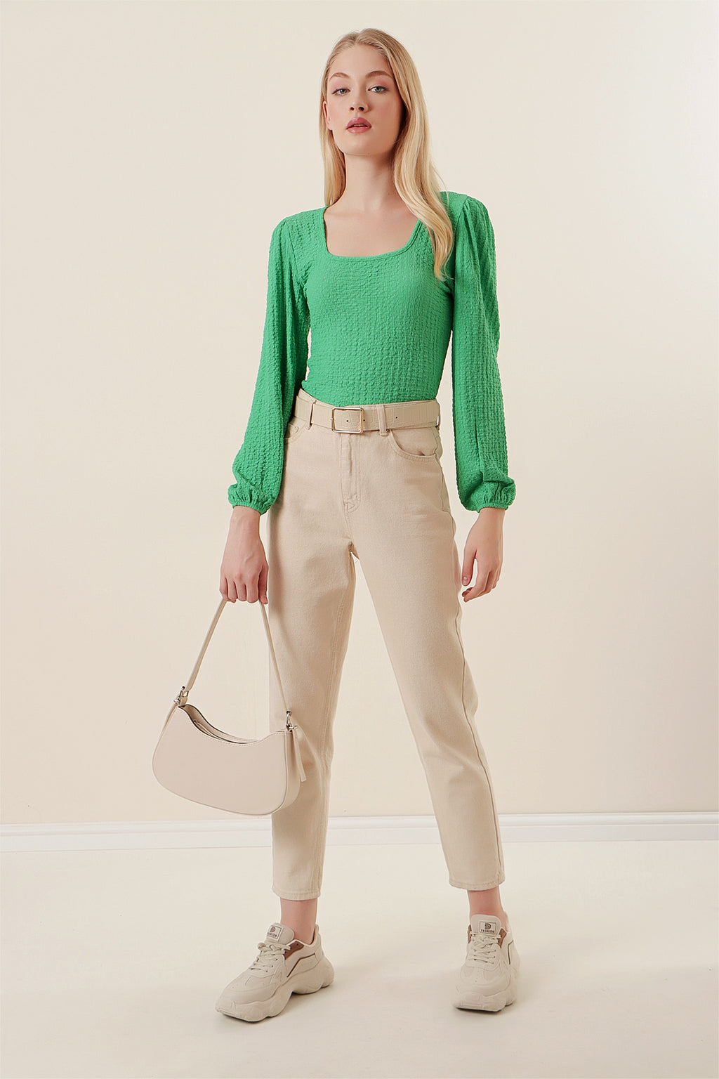 0442 Uzun Kollu Bluz - Yeşil