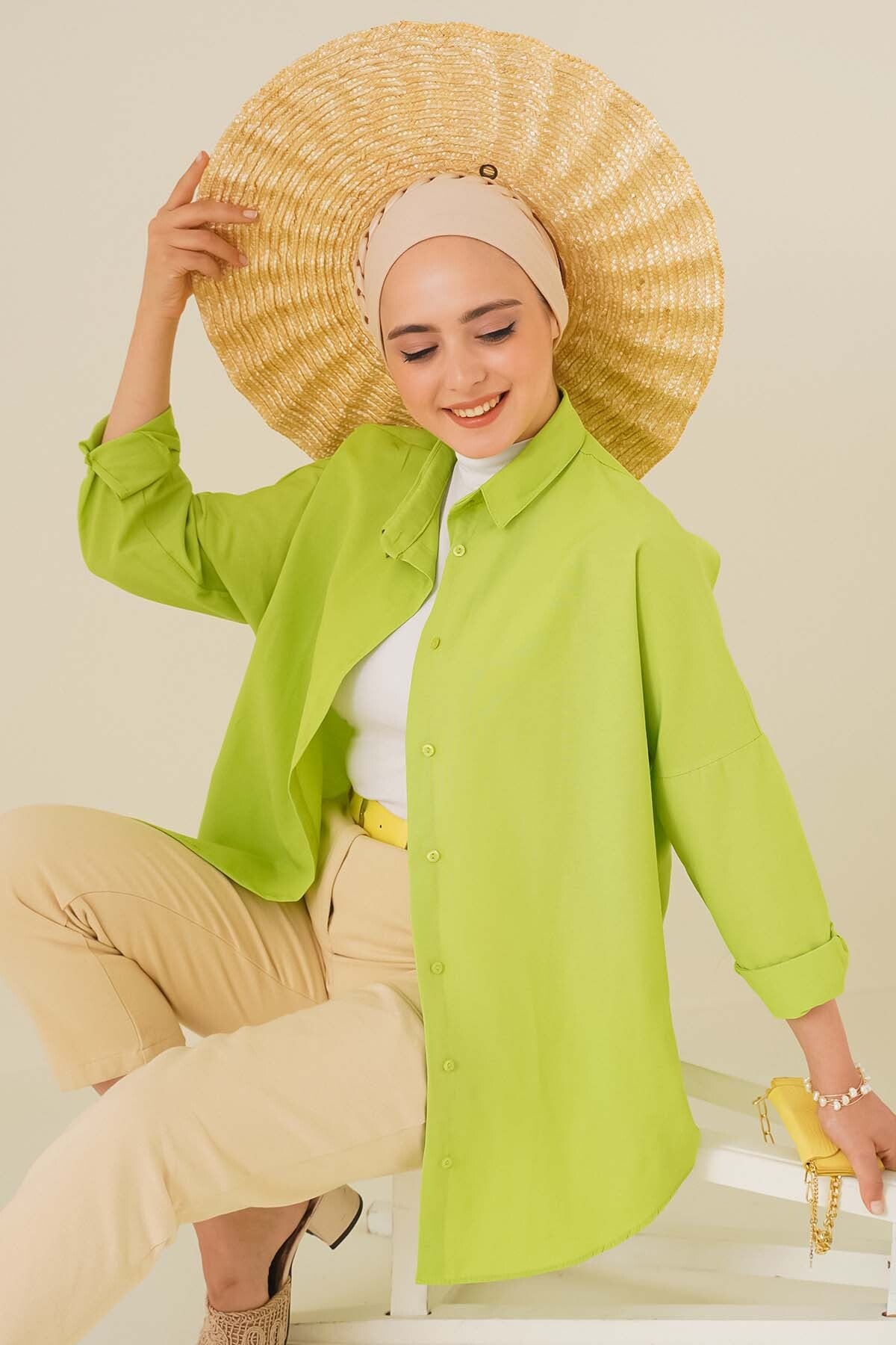 103901 Oversize Basic Tesettür Gömlek - G.Yeşil