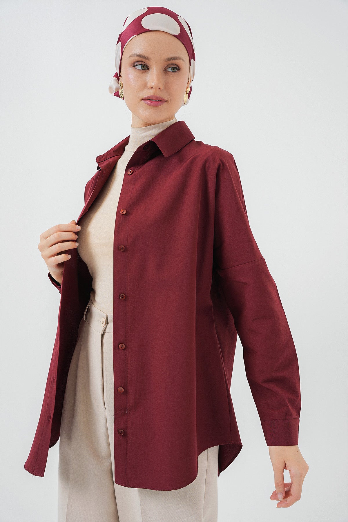 103901 Oversize Basic Tesettür Gömlek - Mürdüm