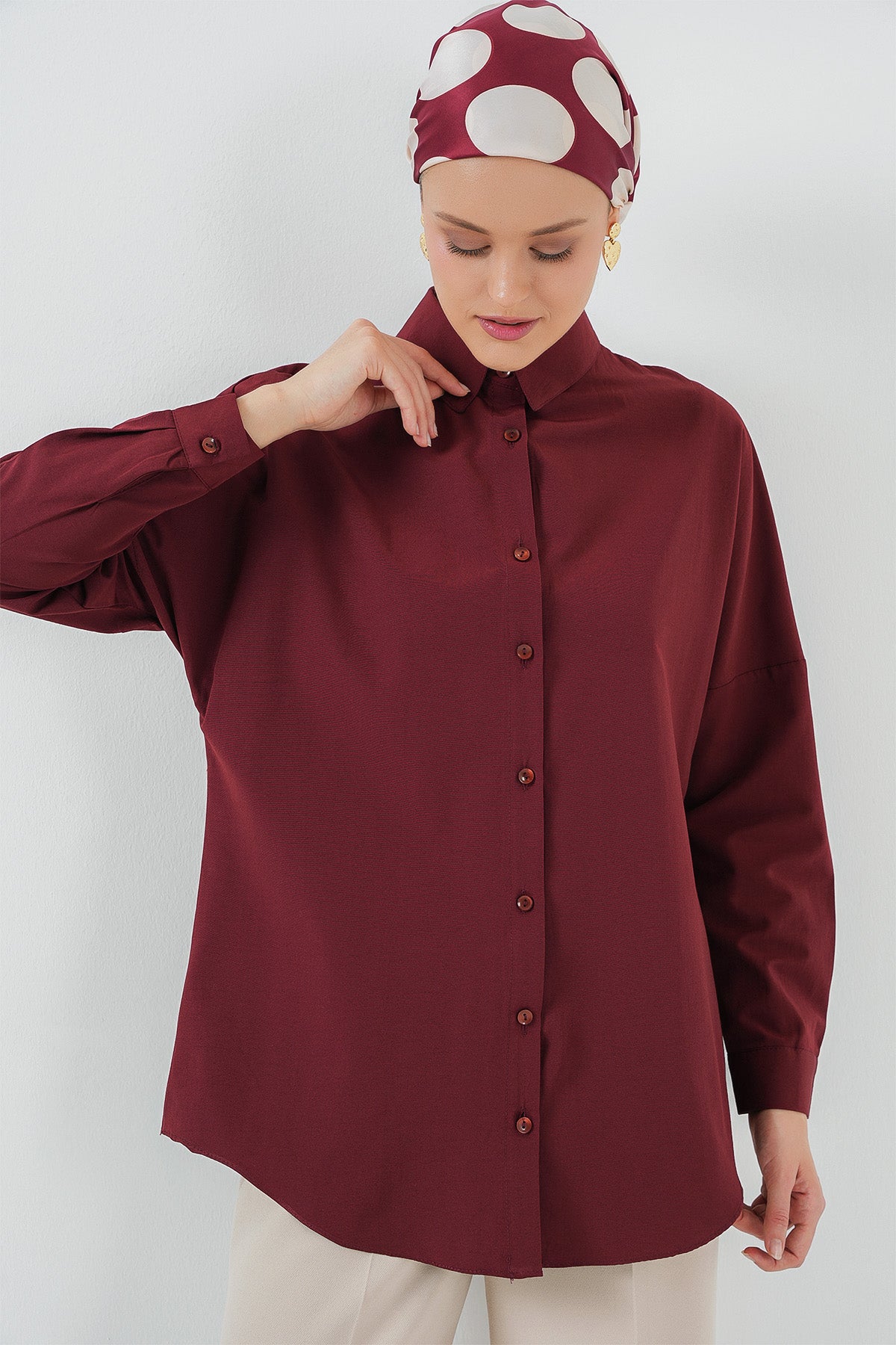 103901 Oversize Basic Tesettür Gömlek - Mürdüm
