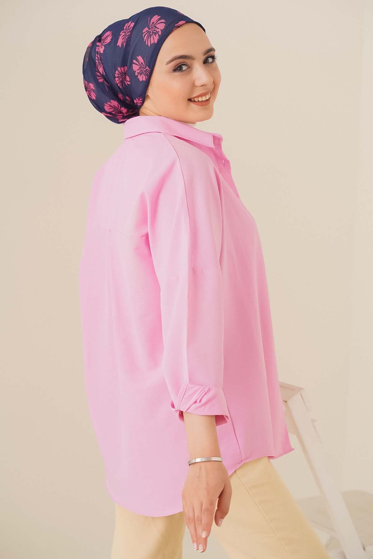 103901 Oversize Basic Tesettür Gömlek - Pembe