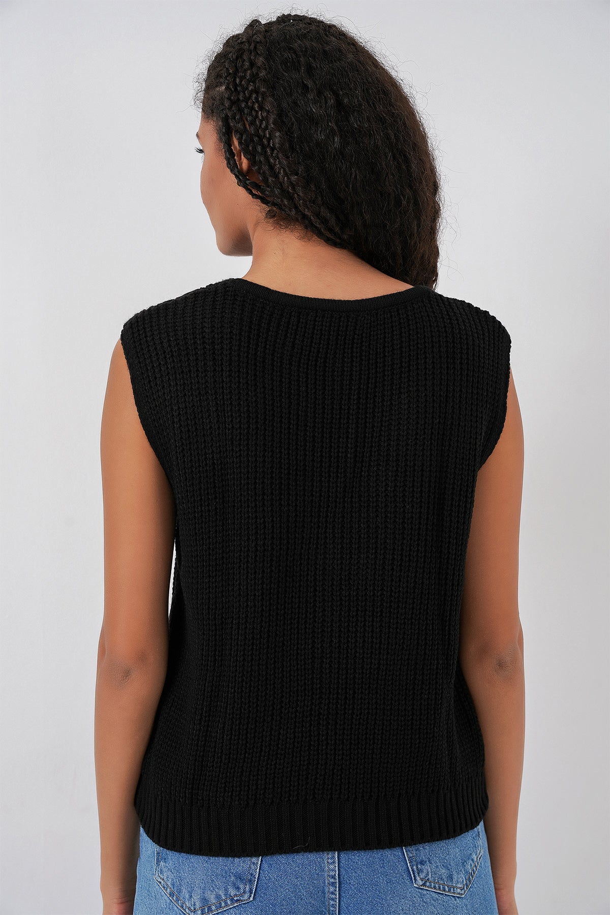 15882 Düğmeli Kısa Triko Yelek - Siyah