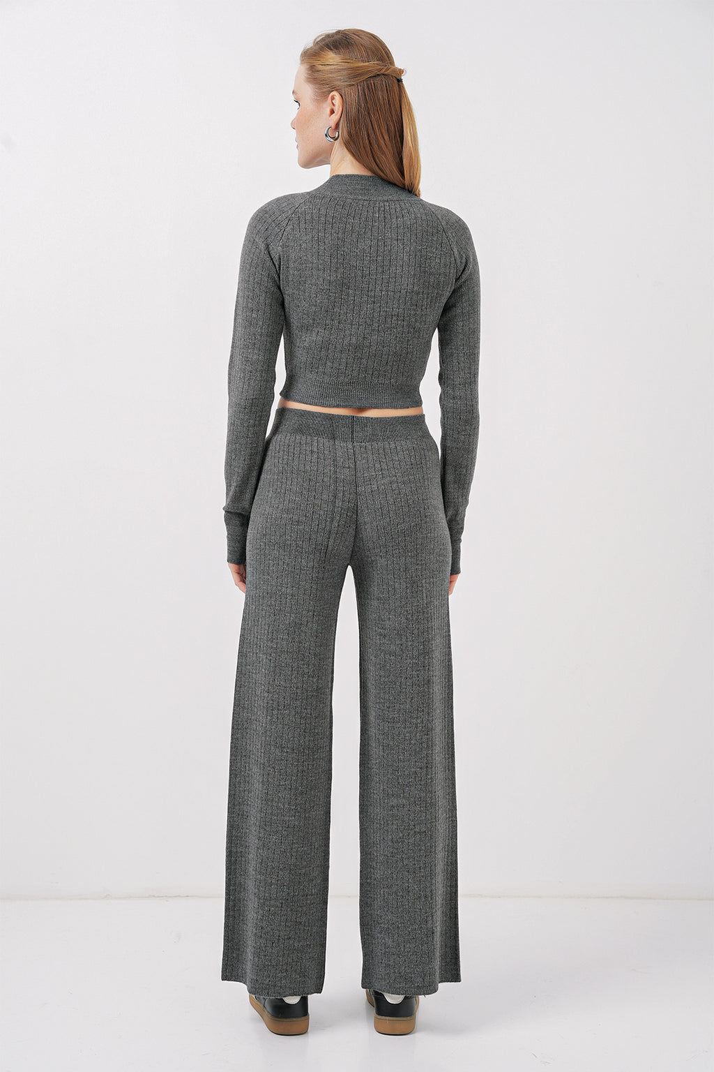 15905 Kadın Crop Kazak Pantolon Triko Alt Üst Takım - Füme