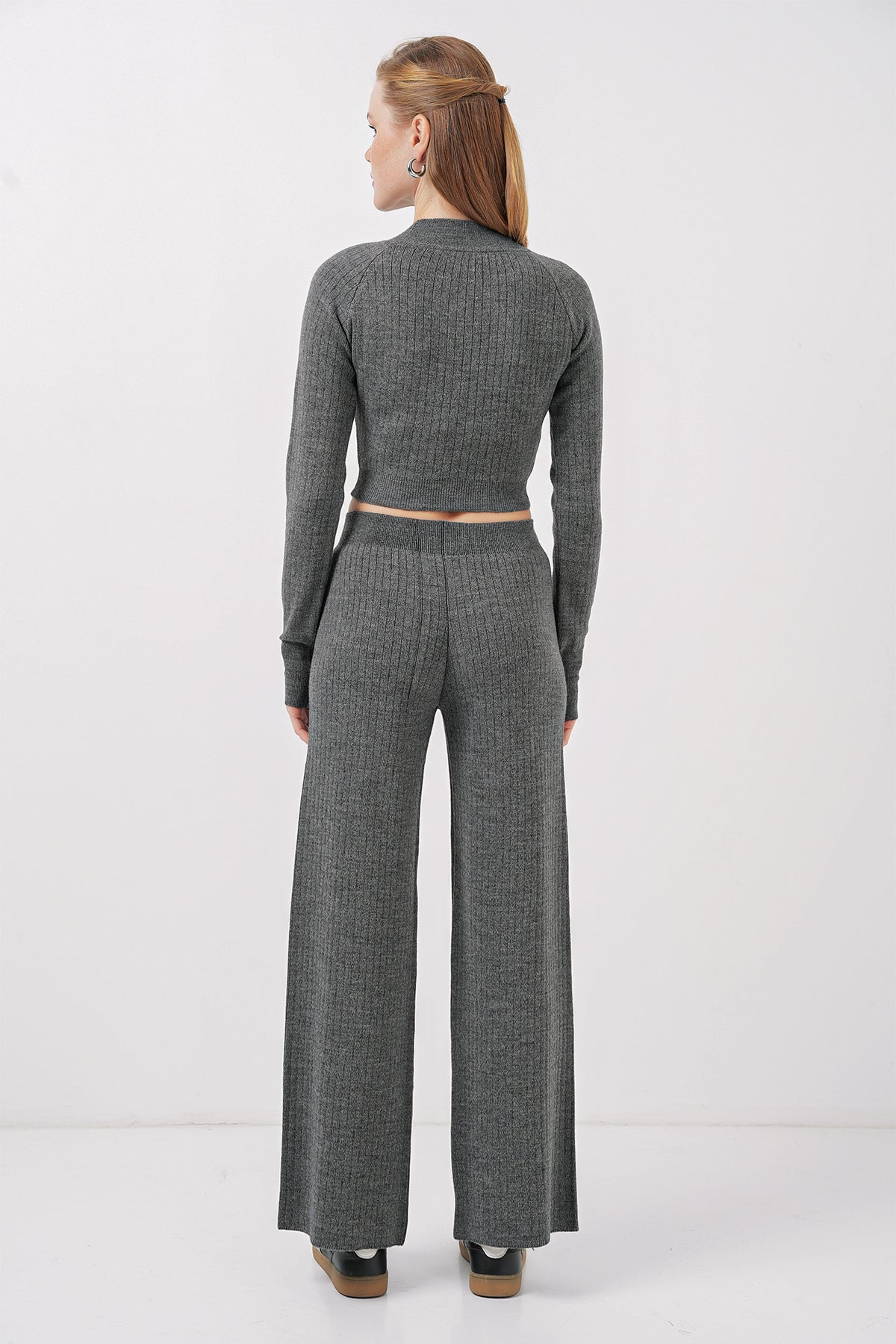 15905 Kadın Crop Kazak Pantolon Triko Alt Üst Takım - Füme