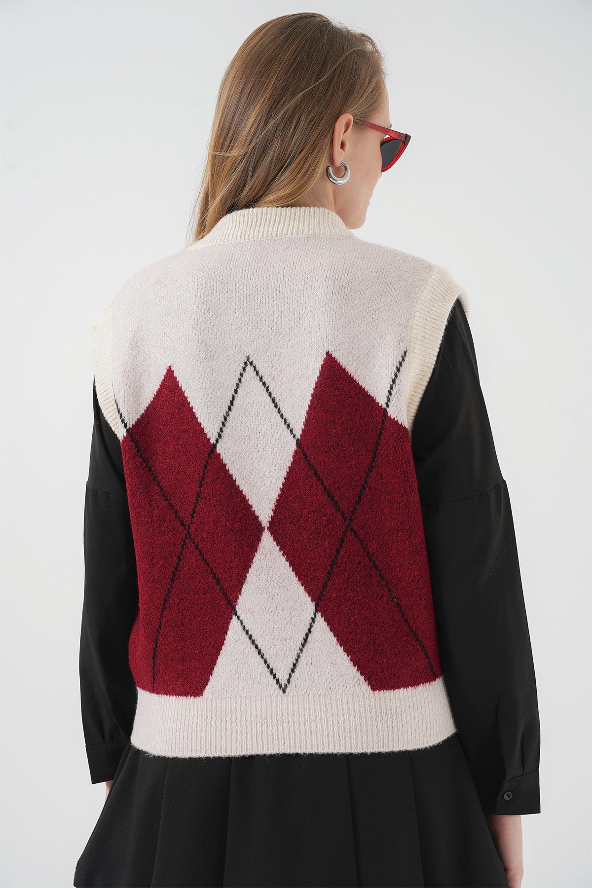 15914 V Yaka Triko Süveter - Kırmızı