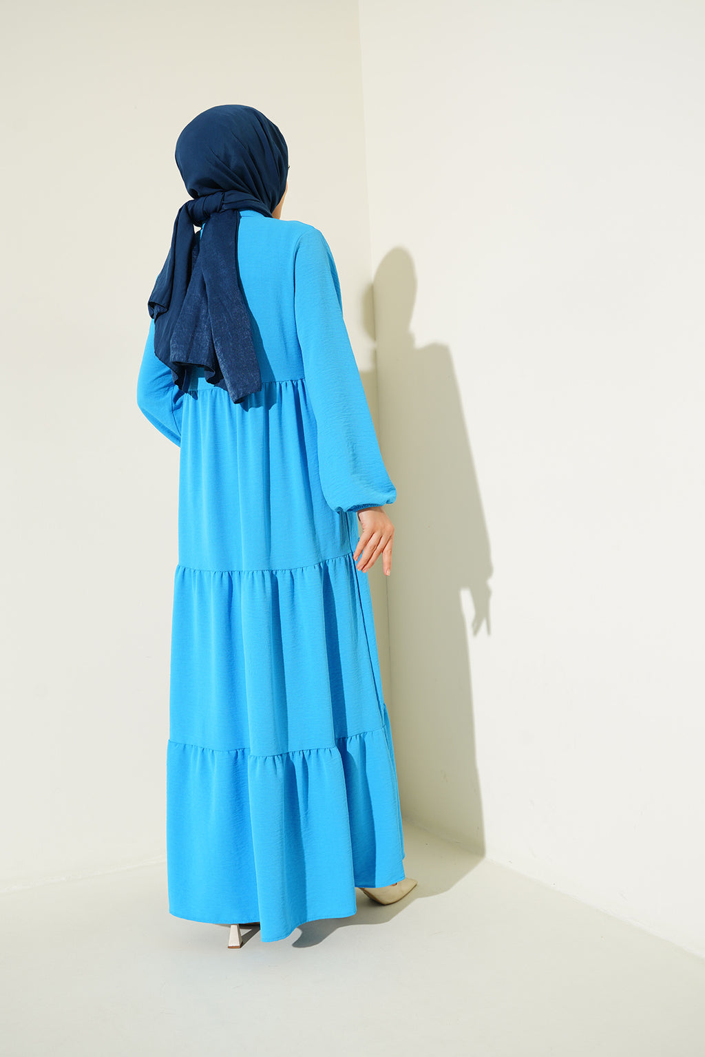 1627 Yaka Bağcıklı Tesettür Elbise - C.Mavi