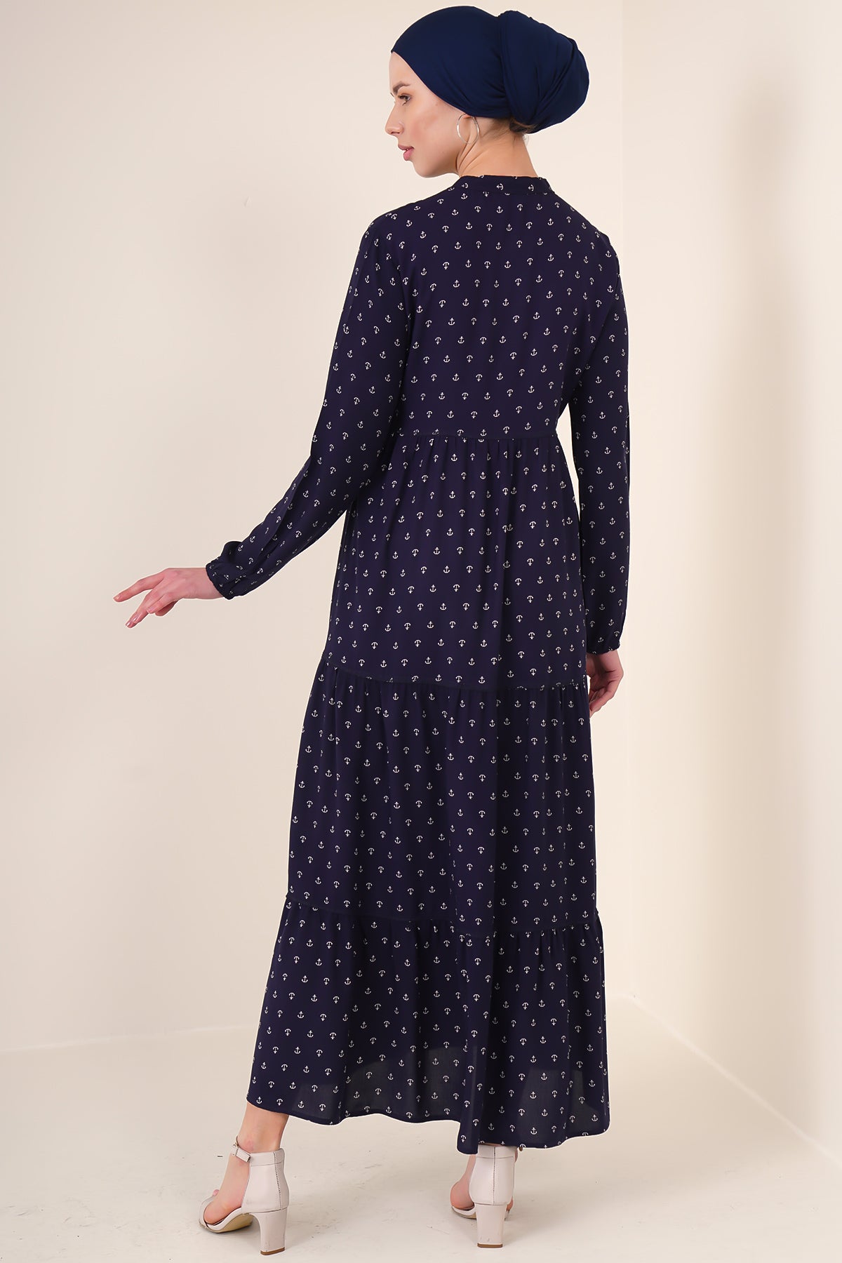 1627 Yaka Bağcıklı Tesettür Elbise - Lacivert