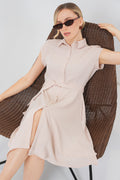 1677 Boydan Düğmeli Kuşaklı Elbise - Krem