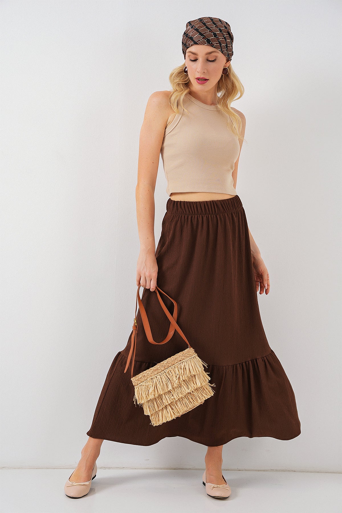 1886 Uzun Örme Etek - Kahverengi