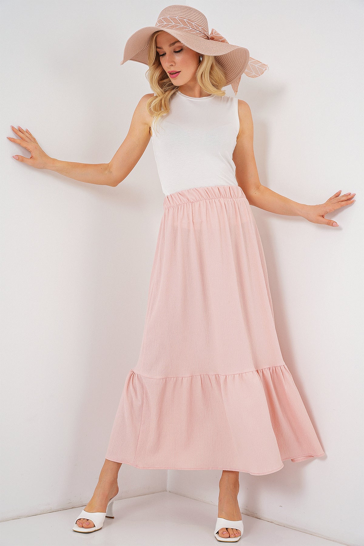 1886 Uzun Örme Etek - Pudra