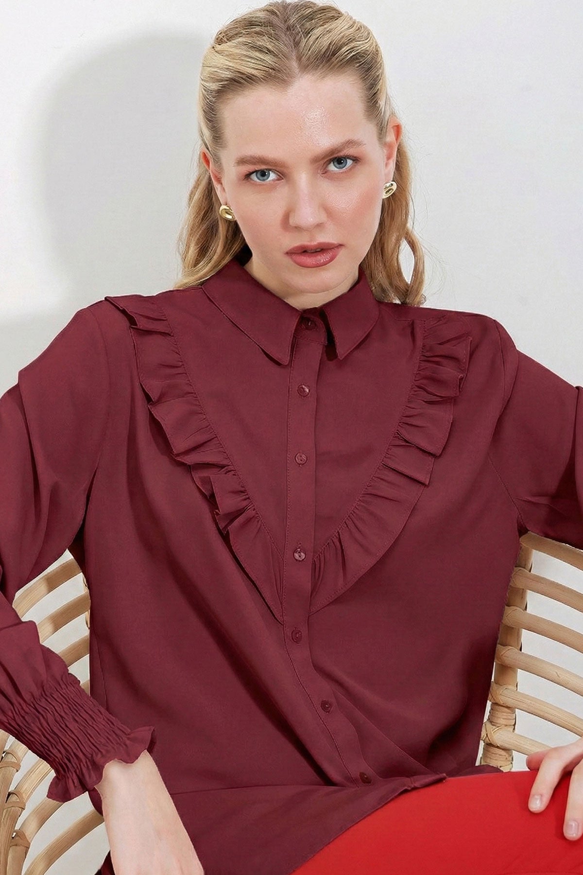 20223 Fırfırlı Uzun Kol Gömlek - Bordo
