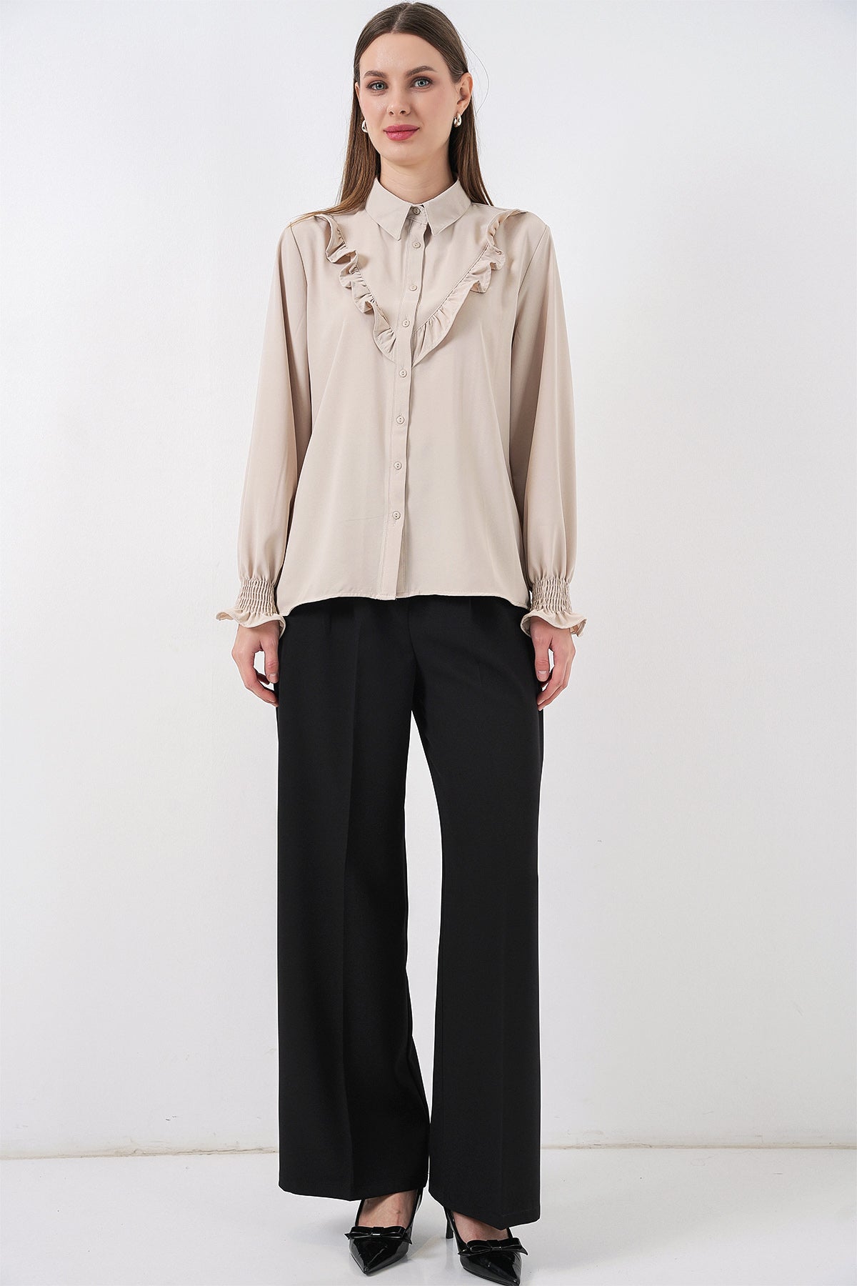 20223 Fırfırlı Uzun Kol Gömlek - Taş