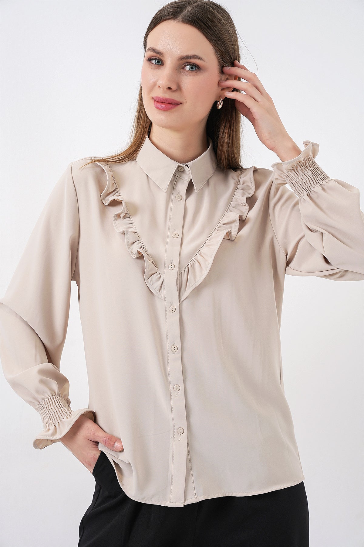 20223 Fırfırlı Uzun Kol Gömlek - Taş