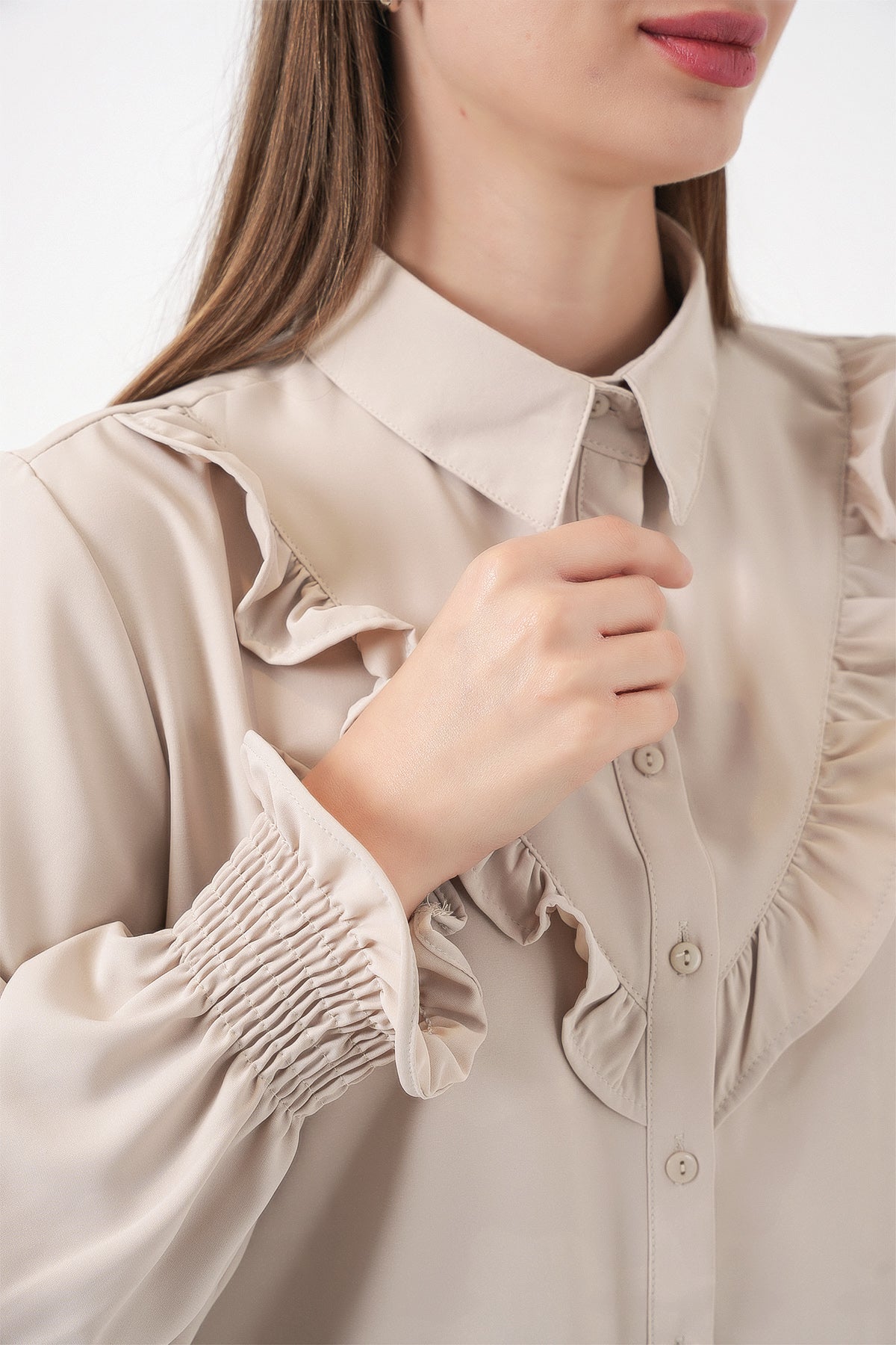 20223 Fırfırlı Uzun Kol Gömlek - Taş