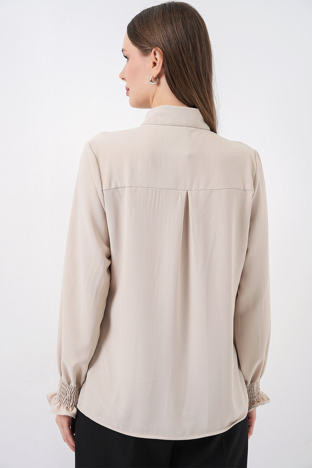 20223 Fırfırlı Uzun Kol Gömlek - Taş