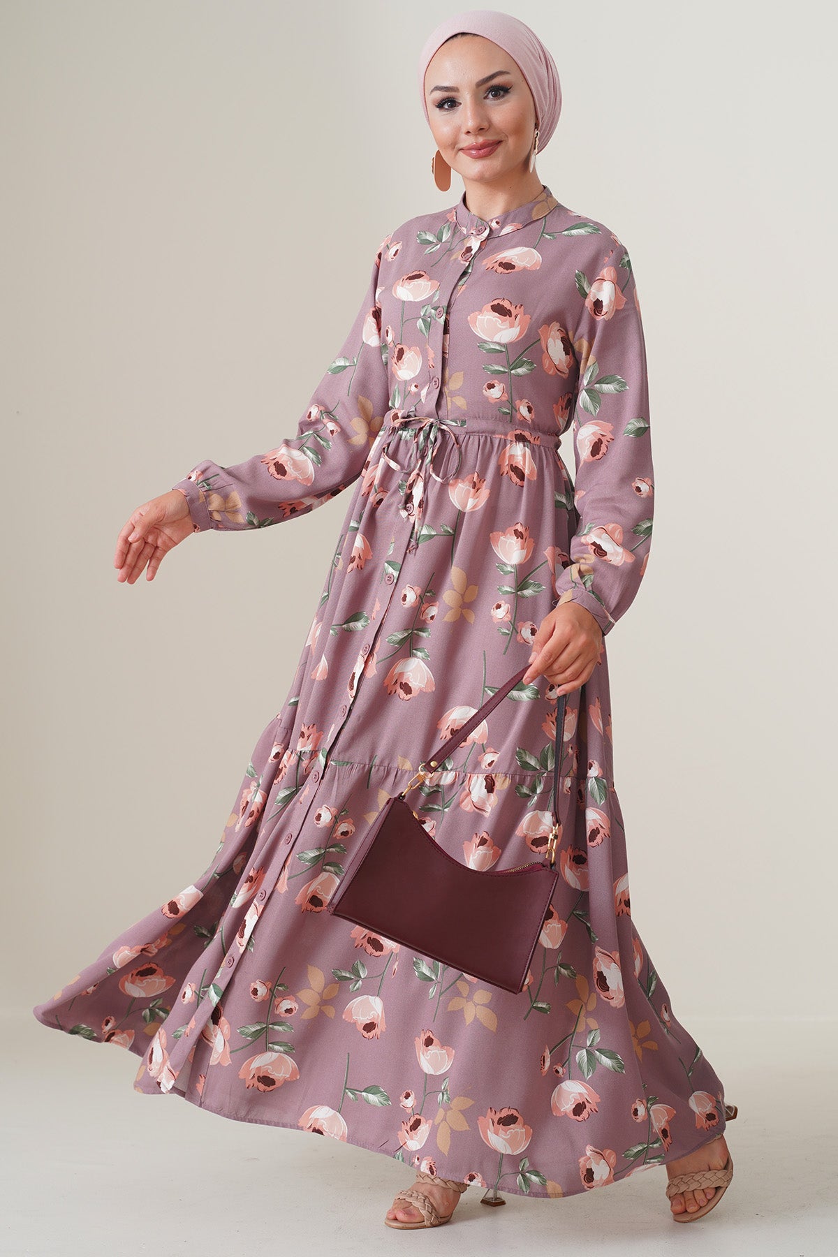 2144 Hakim Yaka Tesettür Elbise - D.Gül Kurusu