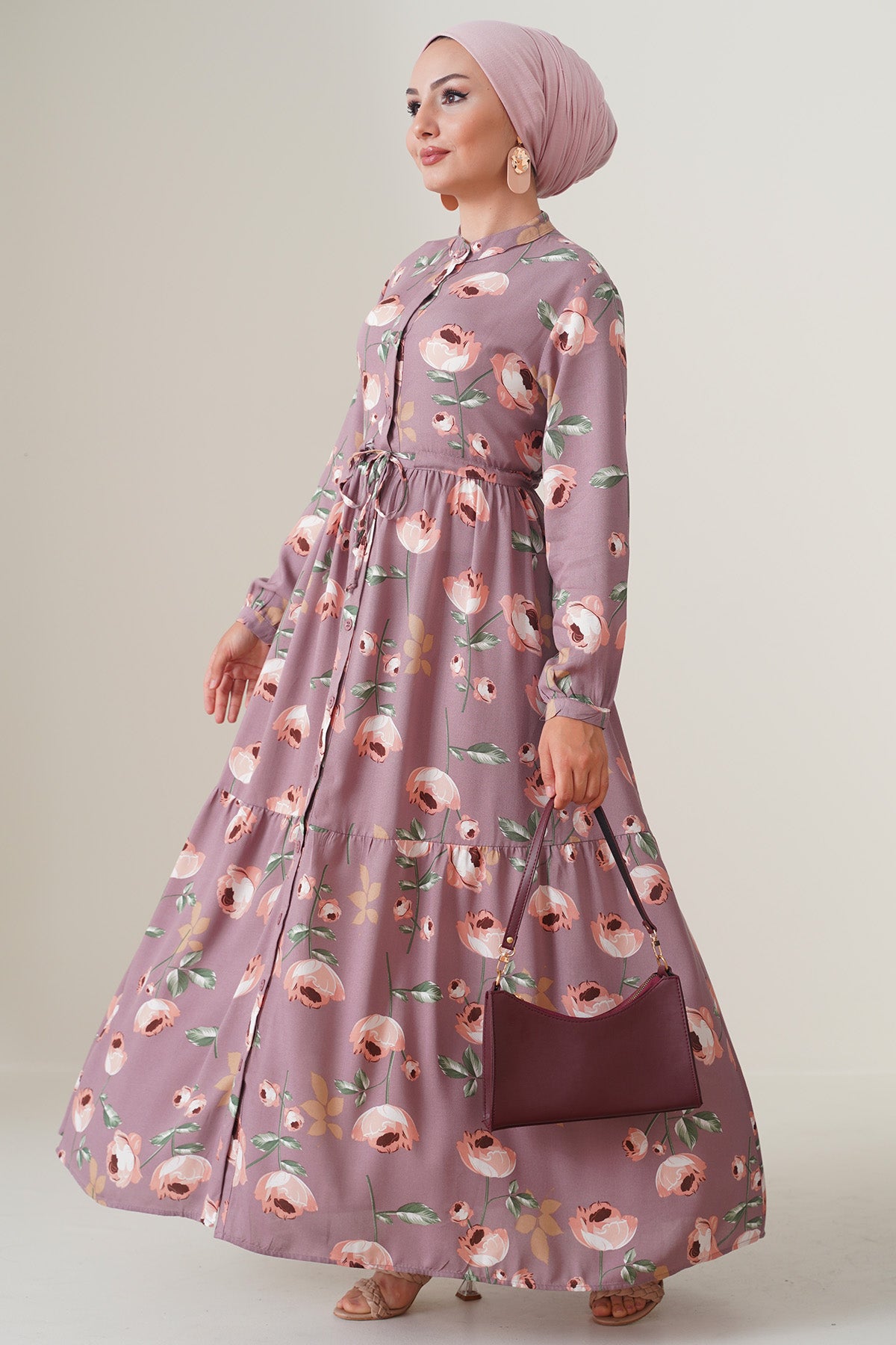 2144 Hakim Yaka Tesettür Elbise - D.Gül Kurusu