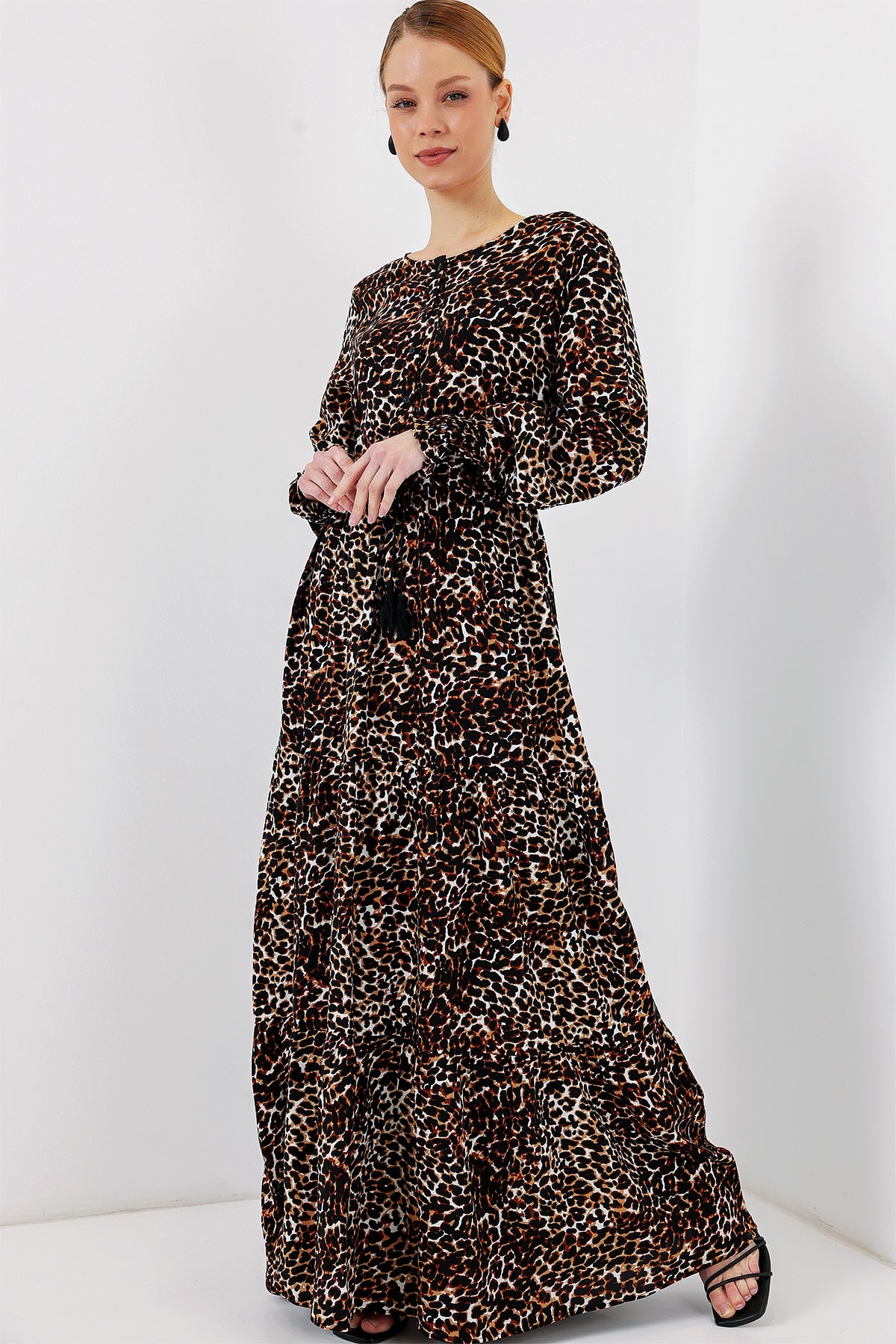 2145 Desenli Tesettür Elbise - C. Kahverengi