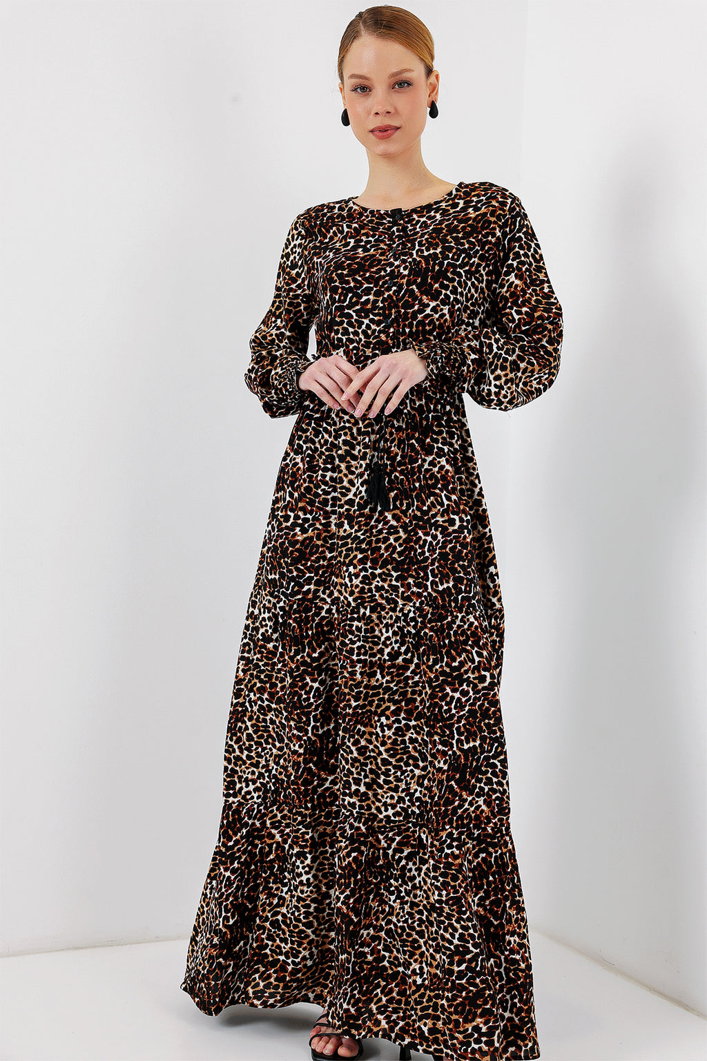 2145 Desenli Tesettür Elbise - C. Kahverengi