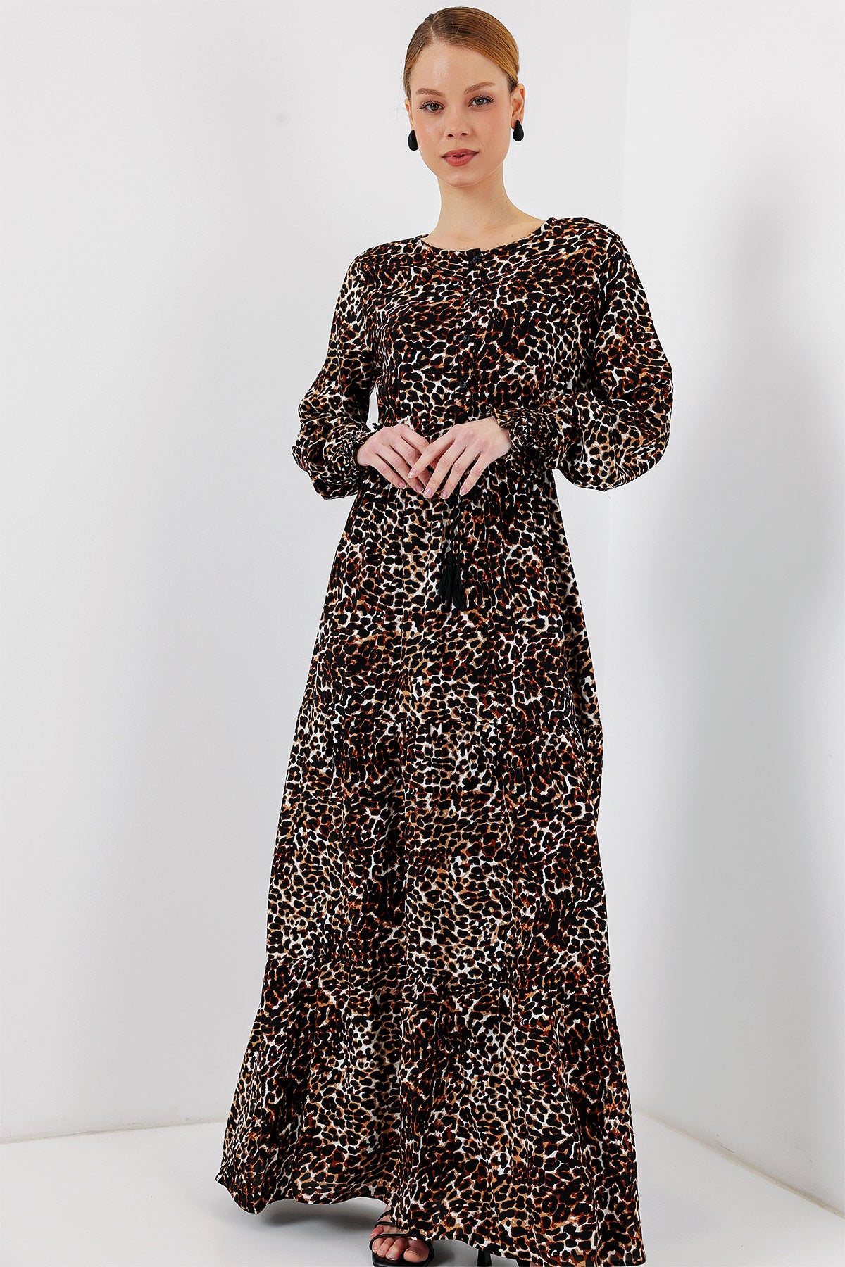 2145 Desenli Tesettür Elbise - C. Kahverengi