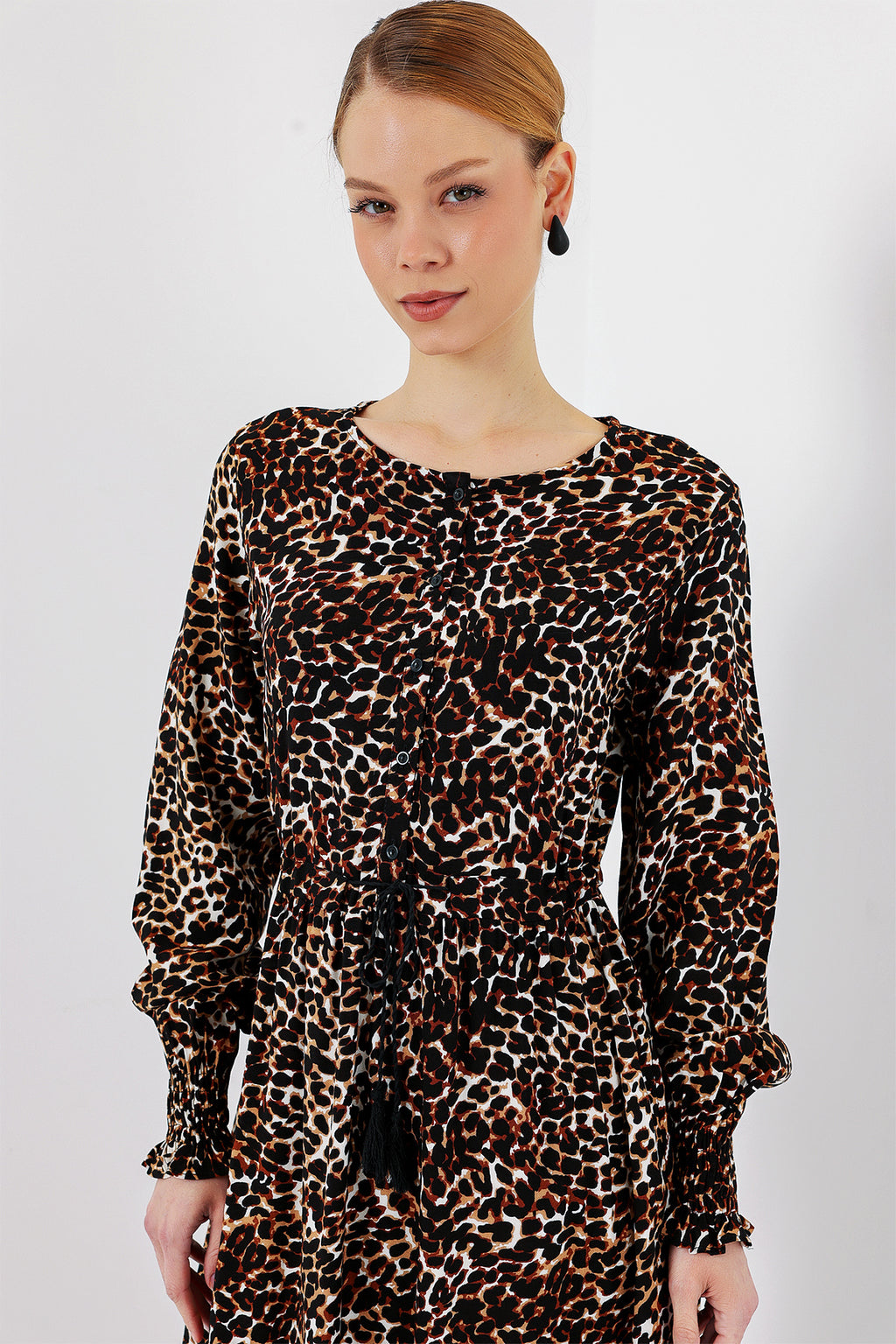 2145 Desenli Tesettür Elbise - C. Kahverengi