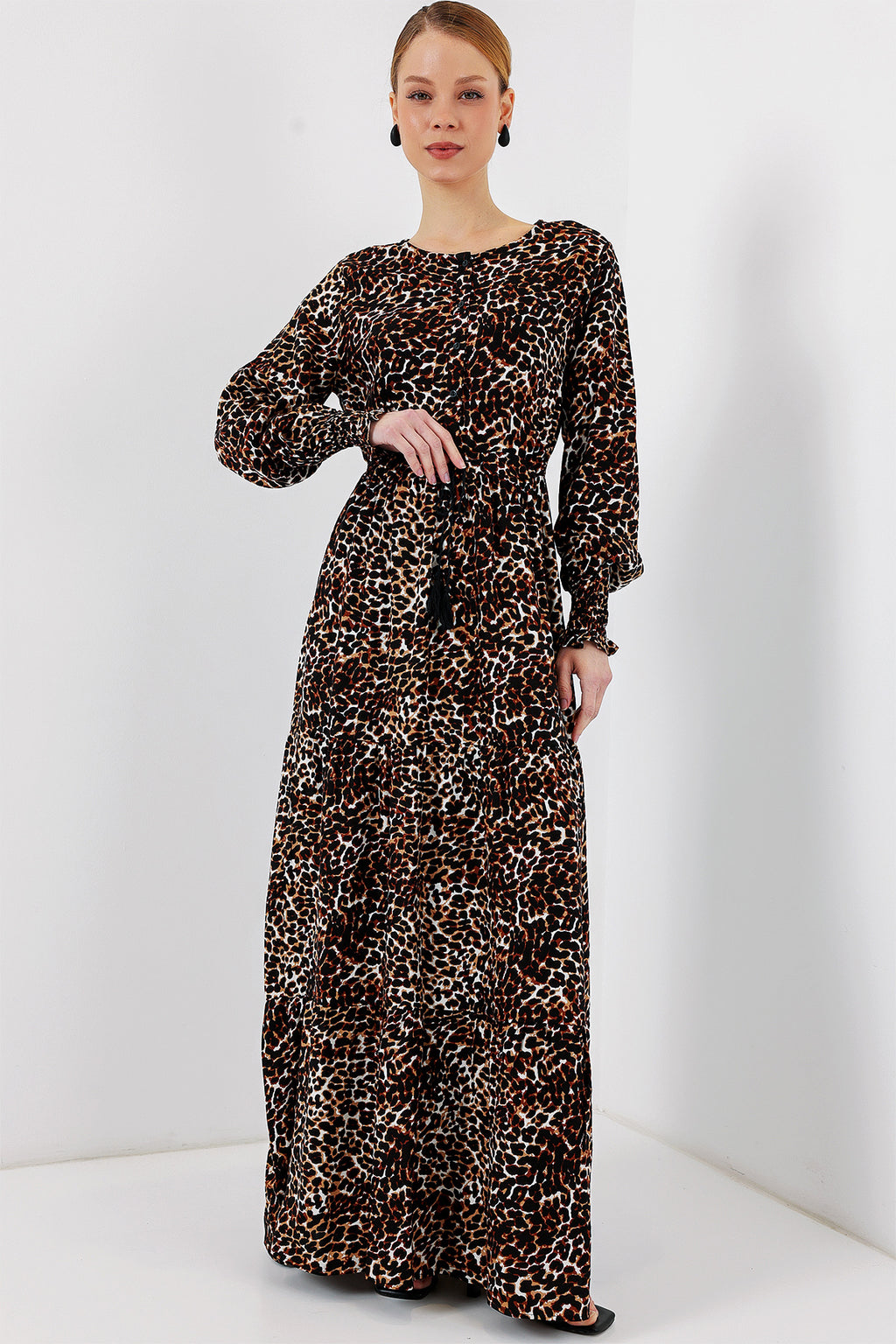 2145 Desenli Tesettür Elbise - C. Kahverengi