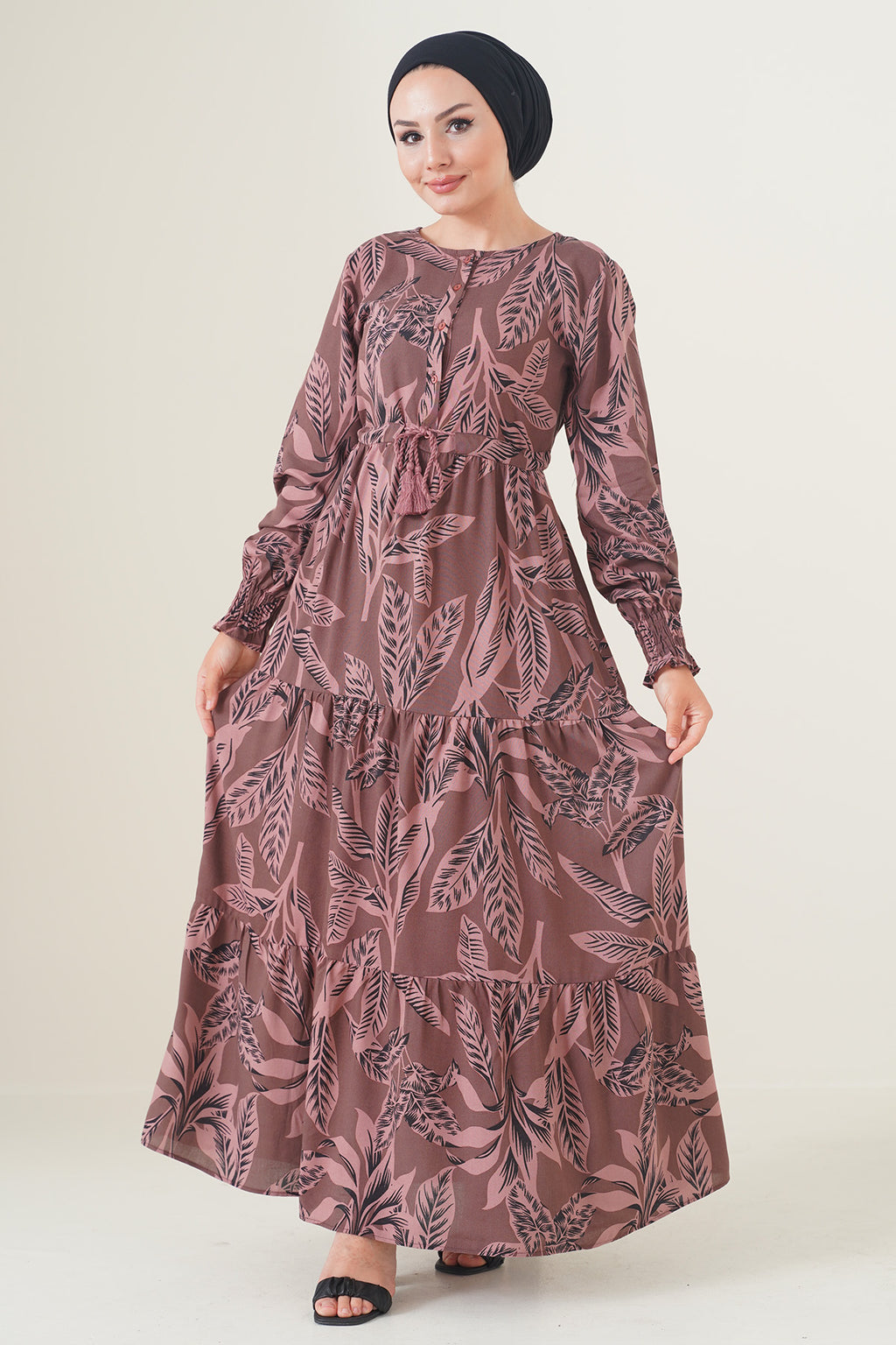 2145 Desenli Tesettür Elbise - Kahverengi