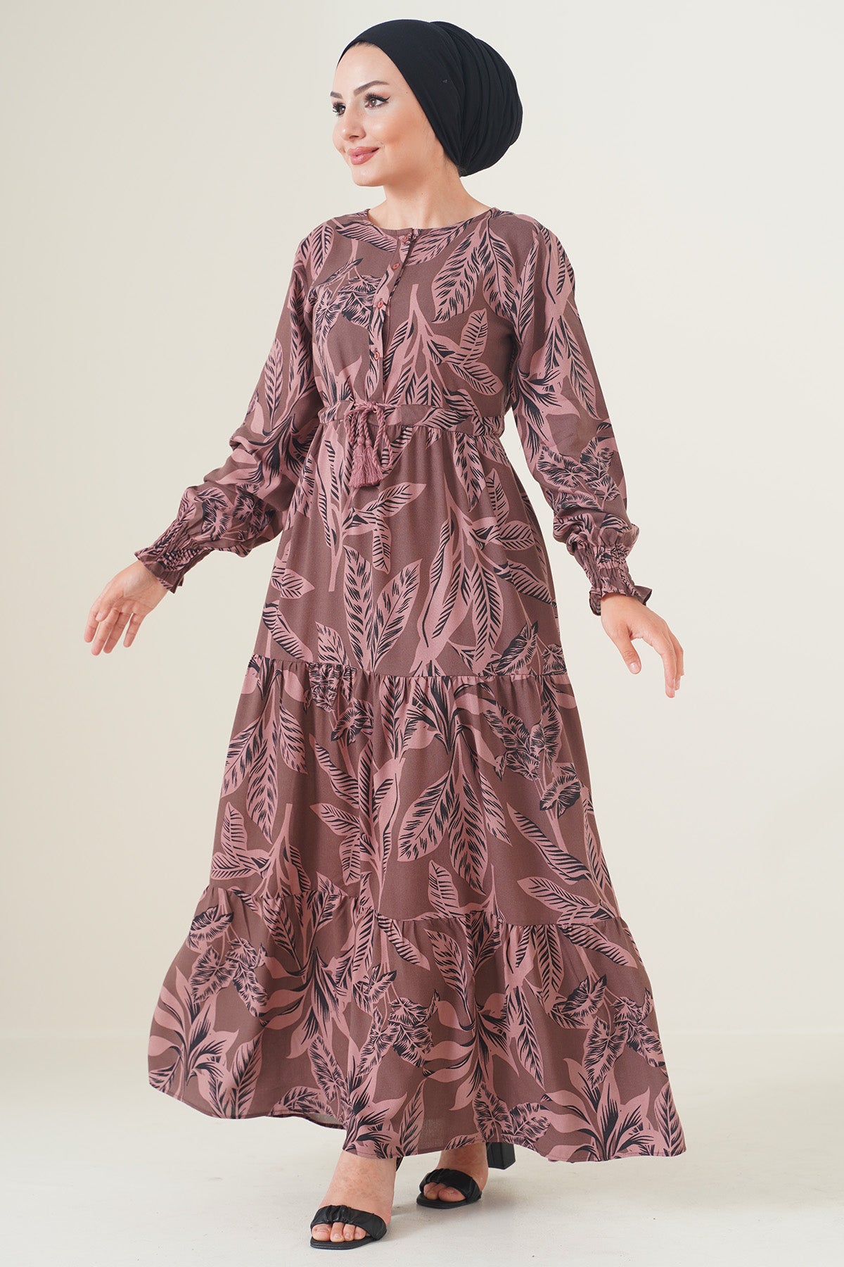 2145 Desenli Tesettür Elbise - Kahverengi