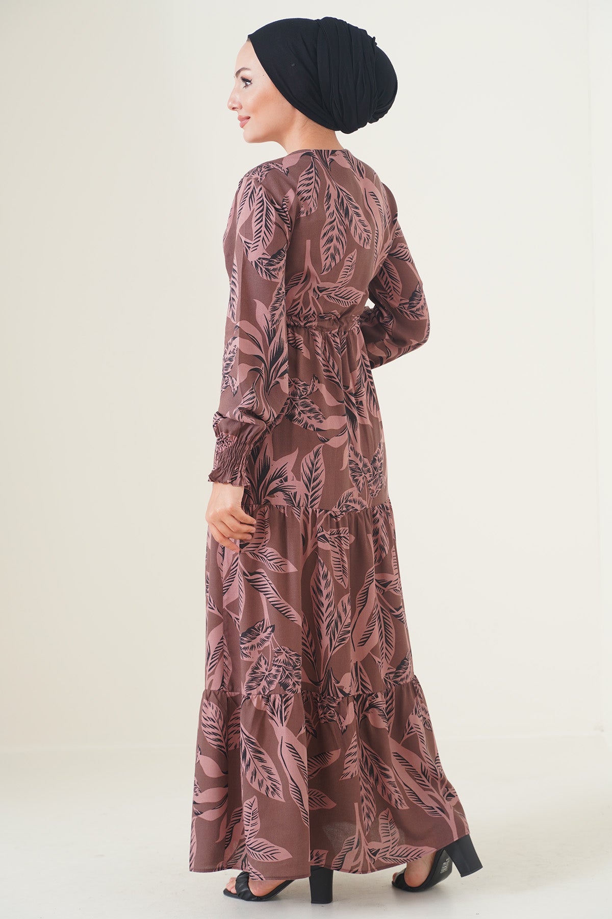 2145 Desenli Tesettür Elbise - Kahverengi