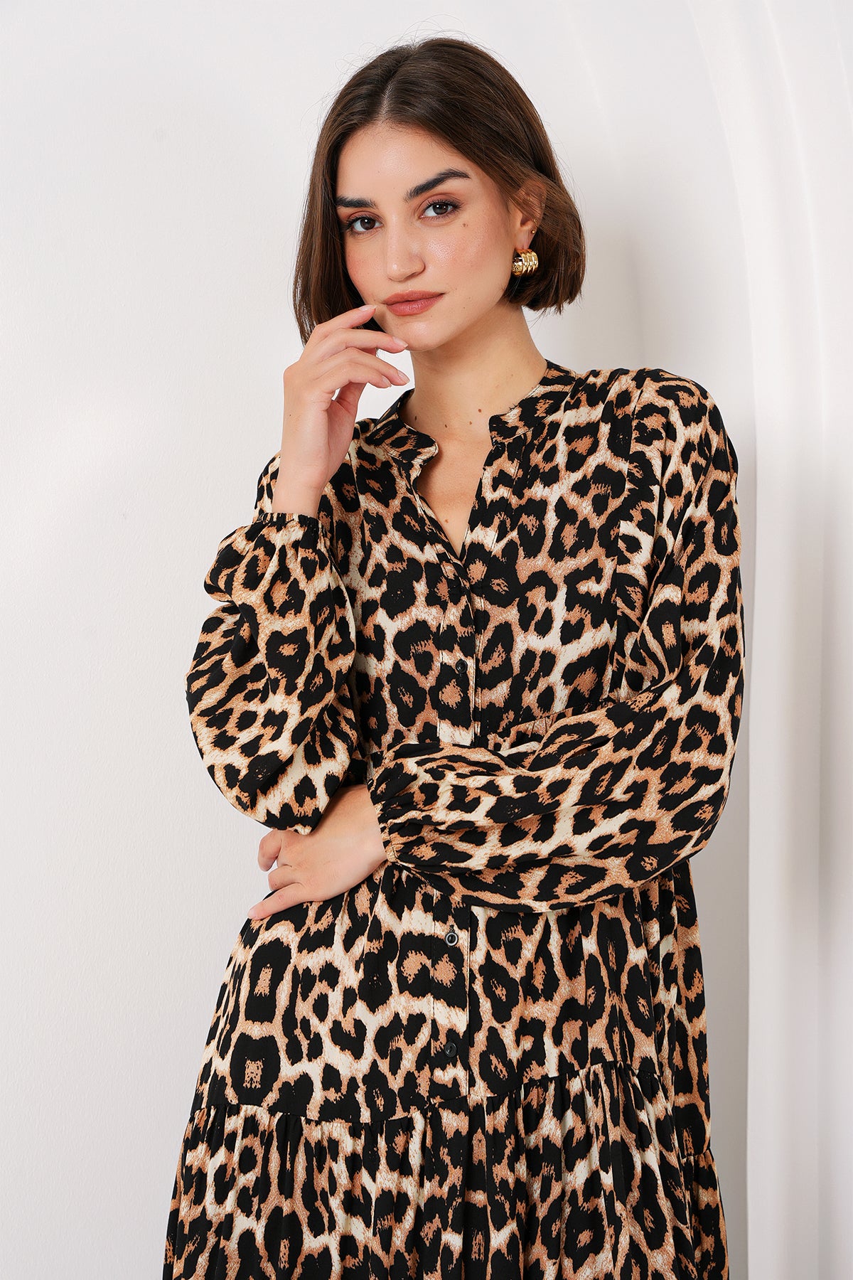 2423 Otantik Desenli Tesettür Elbise - E. Kahve