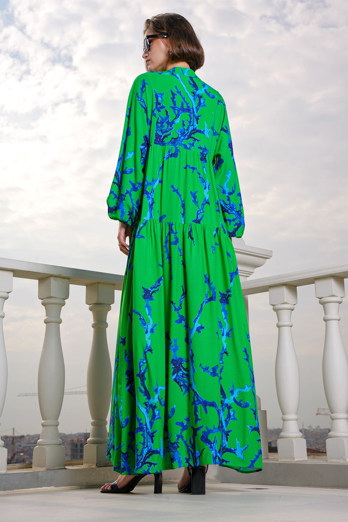 2423 Otantik Desenli Tesettür Elbise - Koyu Yeşil