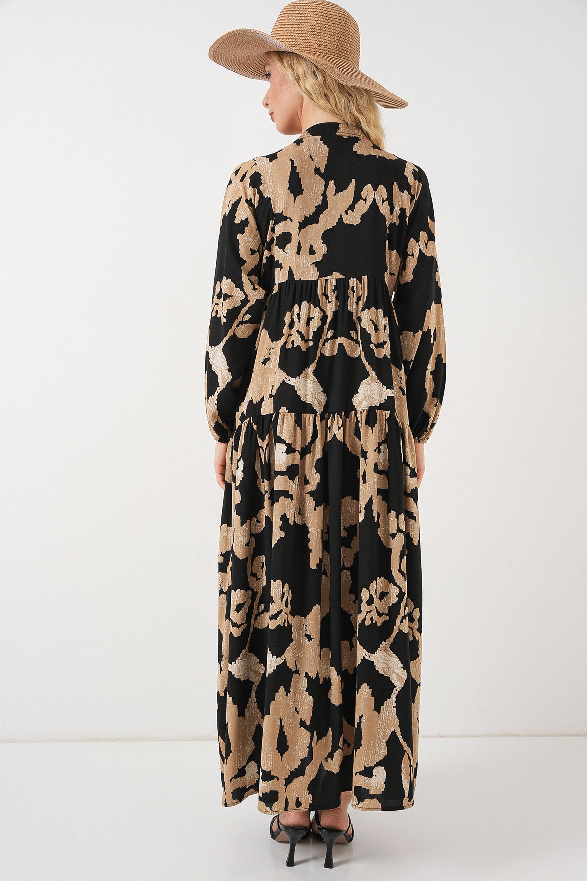 2423 Otantik Desenli Tesettür Elbise - A.Bej