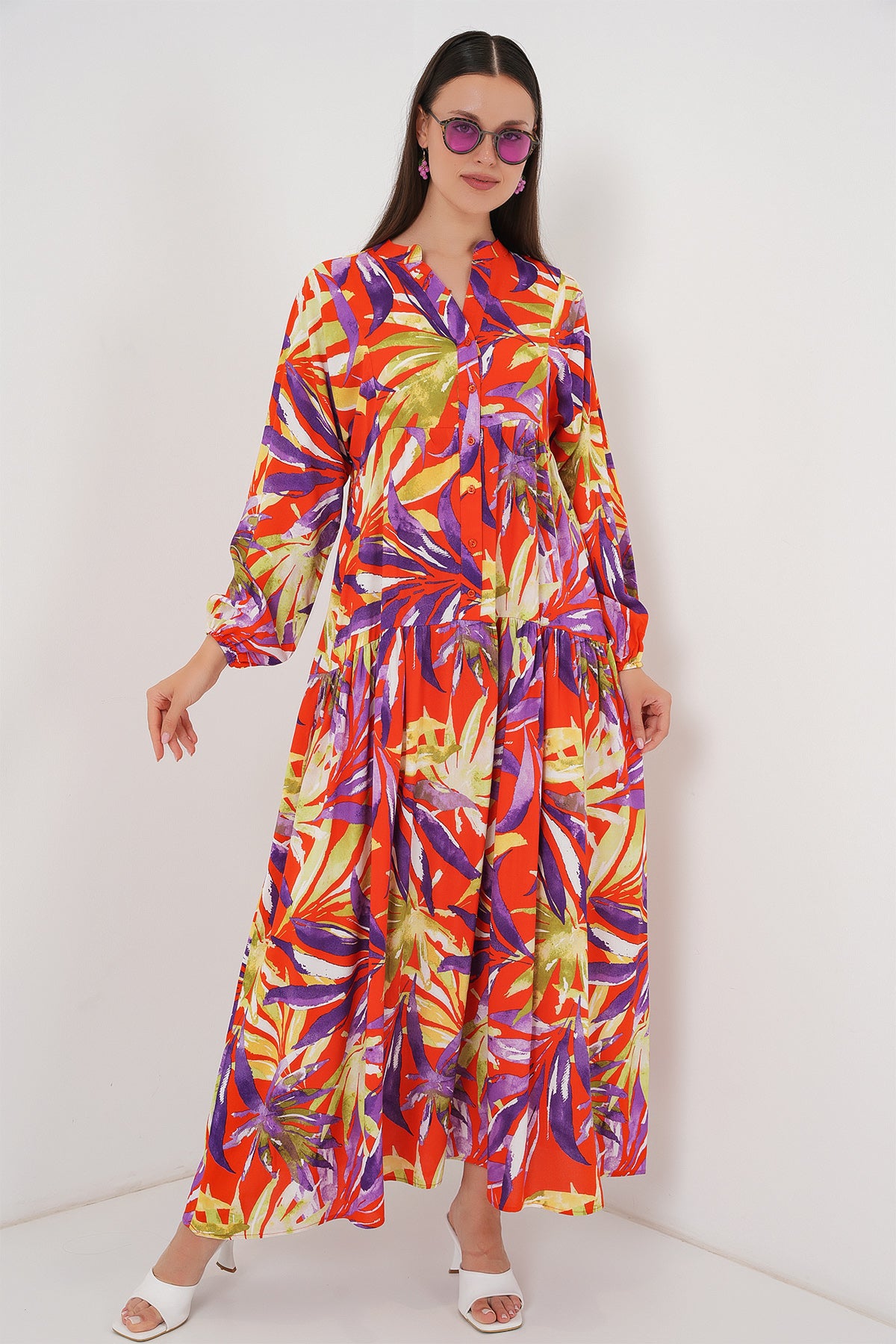 2423 Otantik Desenli Tesettür Elbise - B.Lila