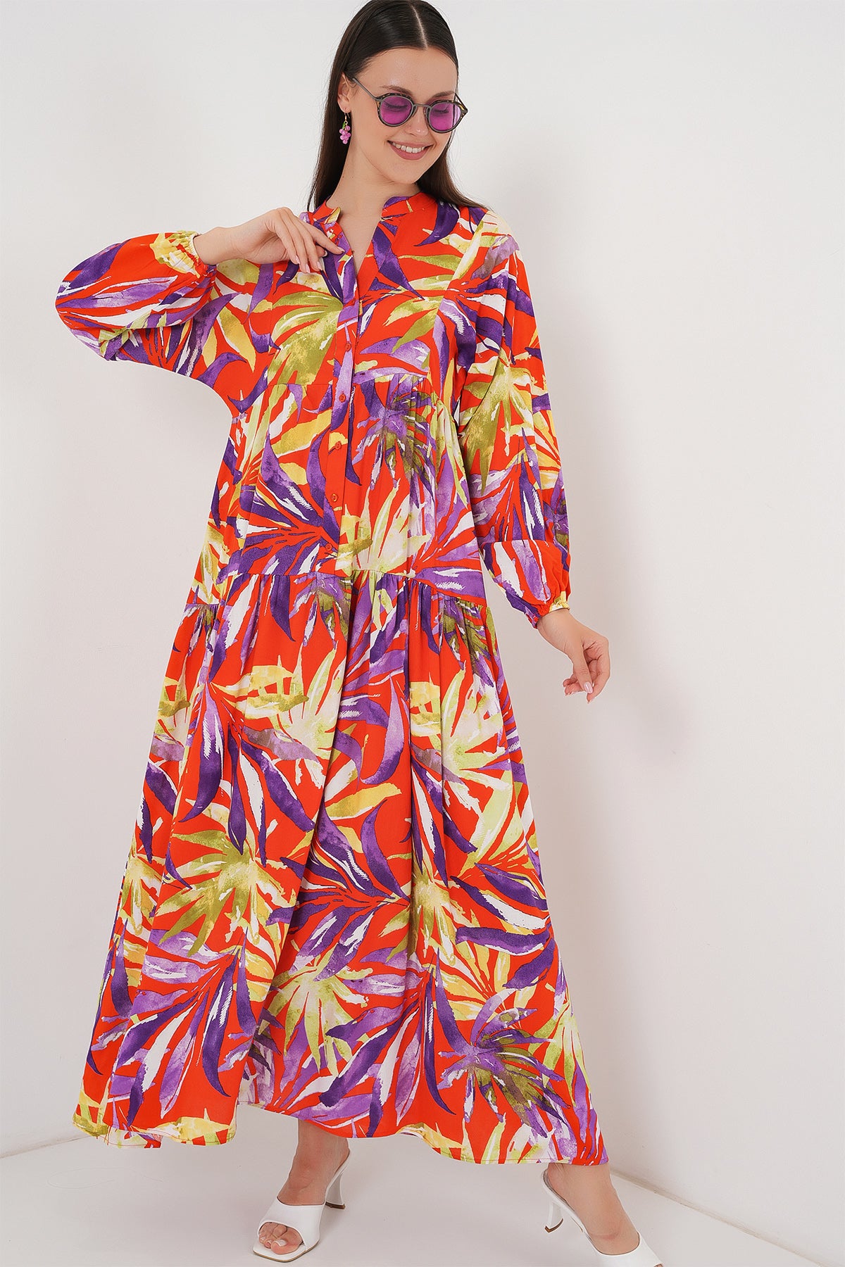 2423 Otantik Desenli Tesettür Elbise - B.Lila