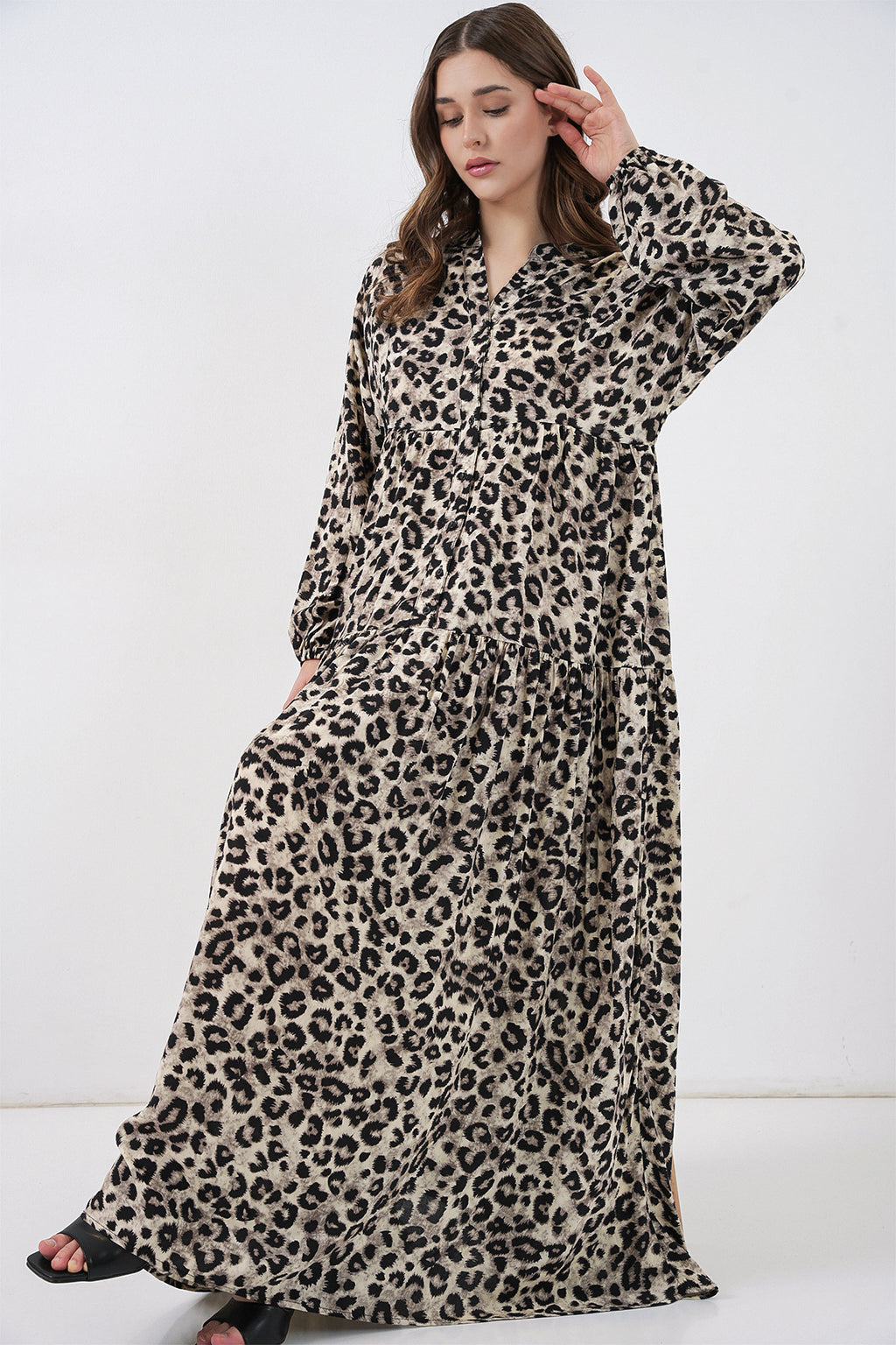 Kadın Bej Siyah Viskon Tesettür Elbise 2423