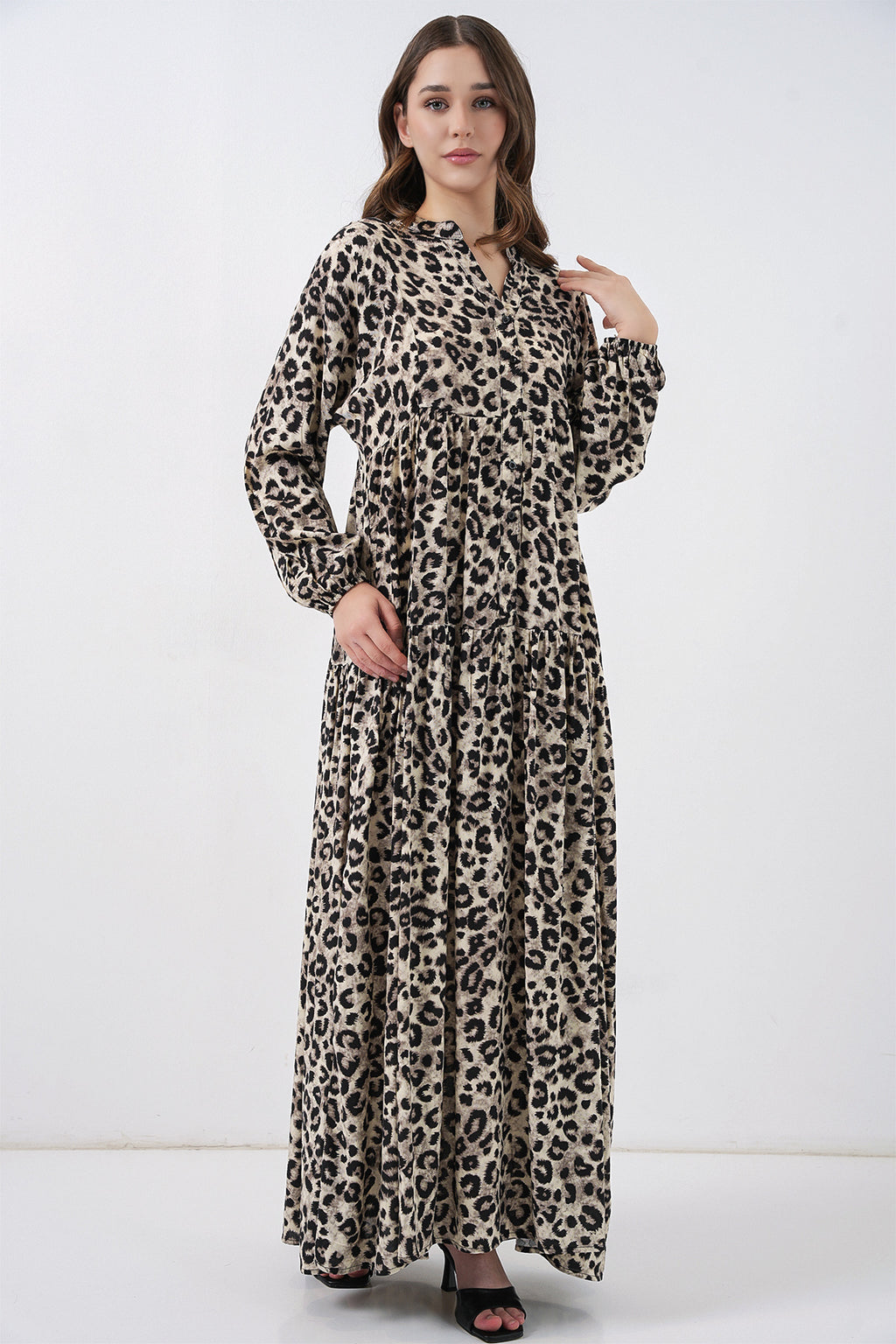 Kadın Bej Siyah Viskon Tesettür Elbise 2423