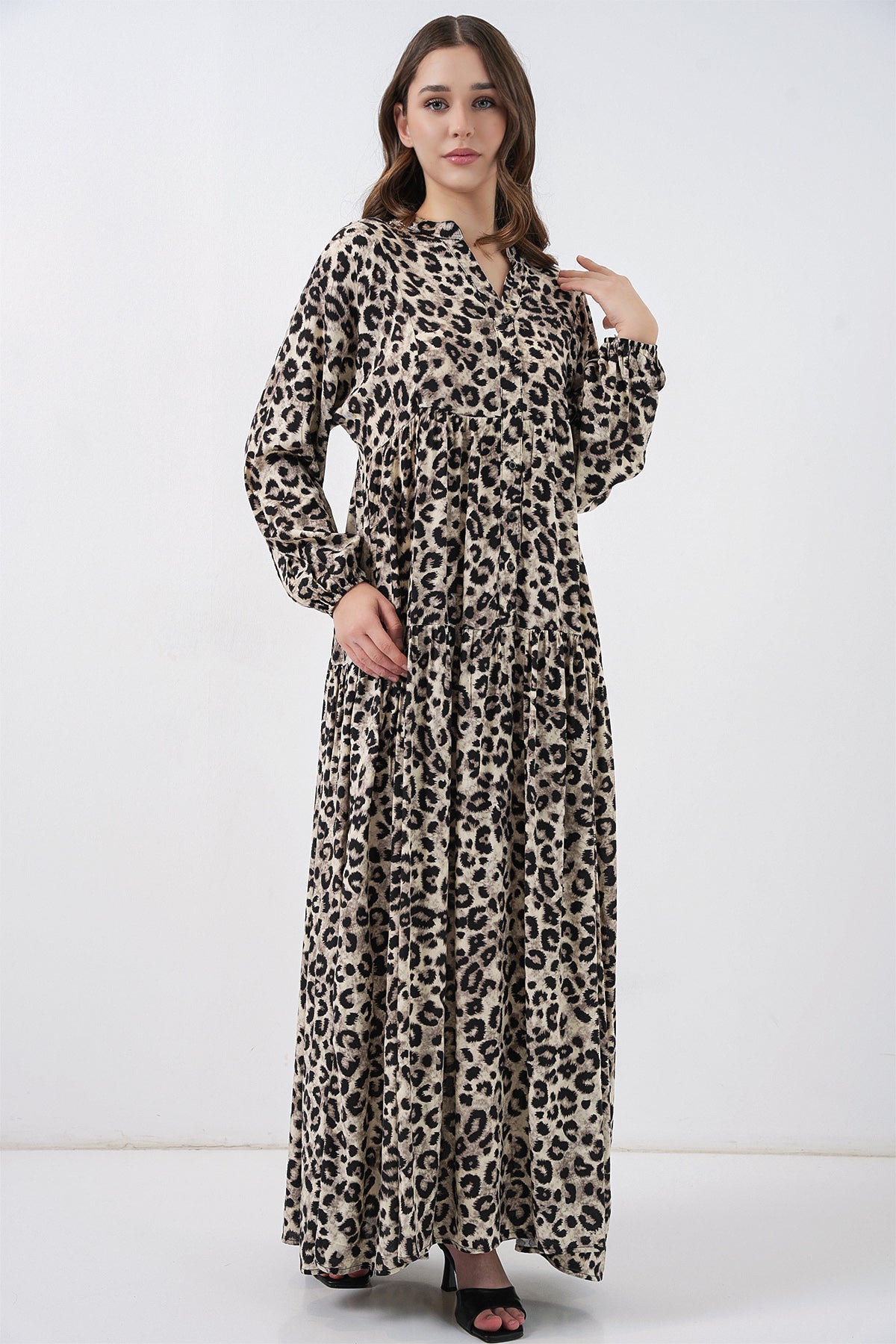 Kadın Bej Siyah Viskon Tesettür Elbise 2423