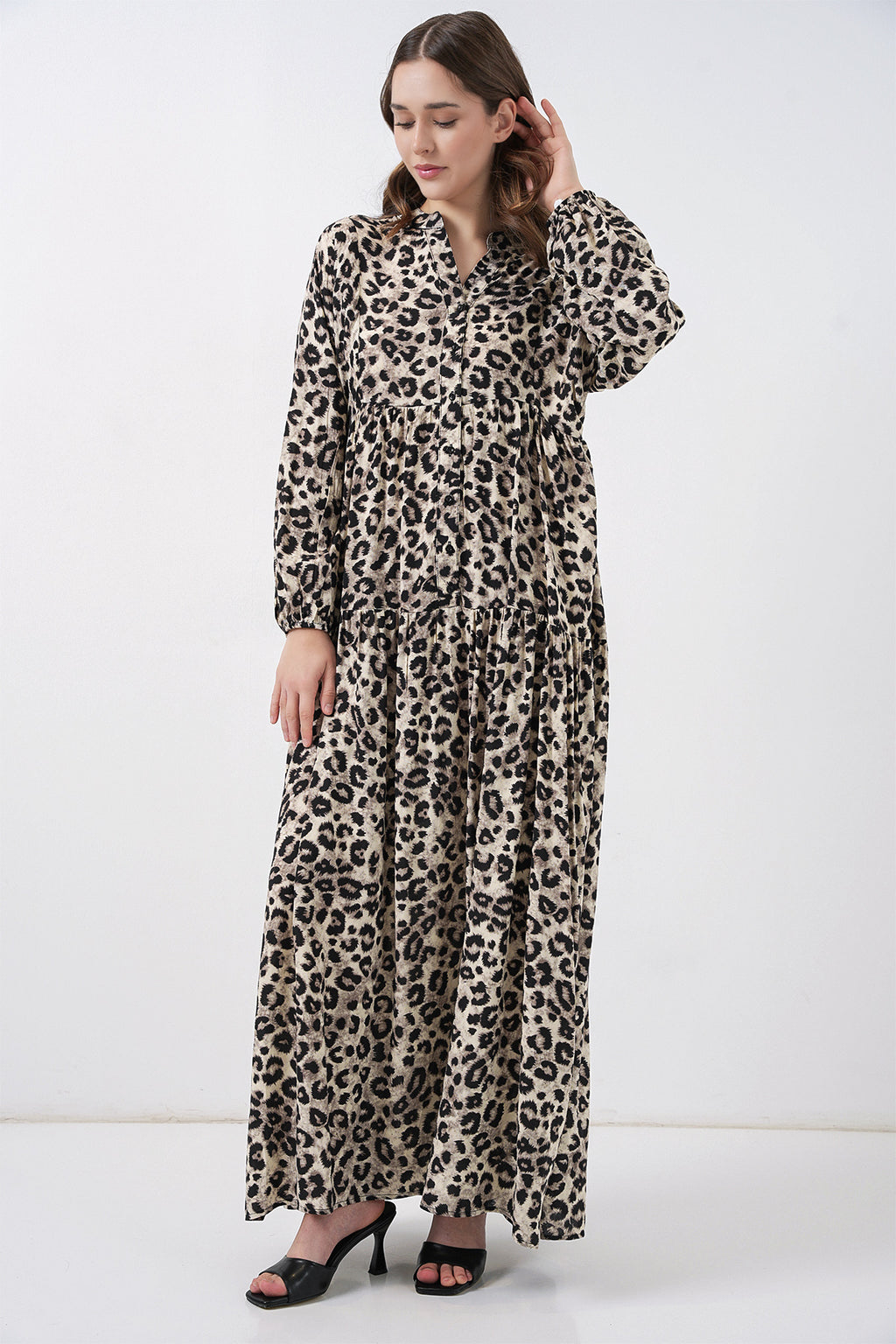 Kadın Bej Siyah Viskon Tesettür Elbise 2423