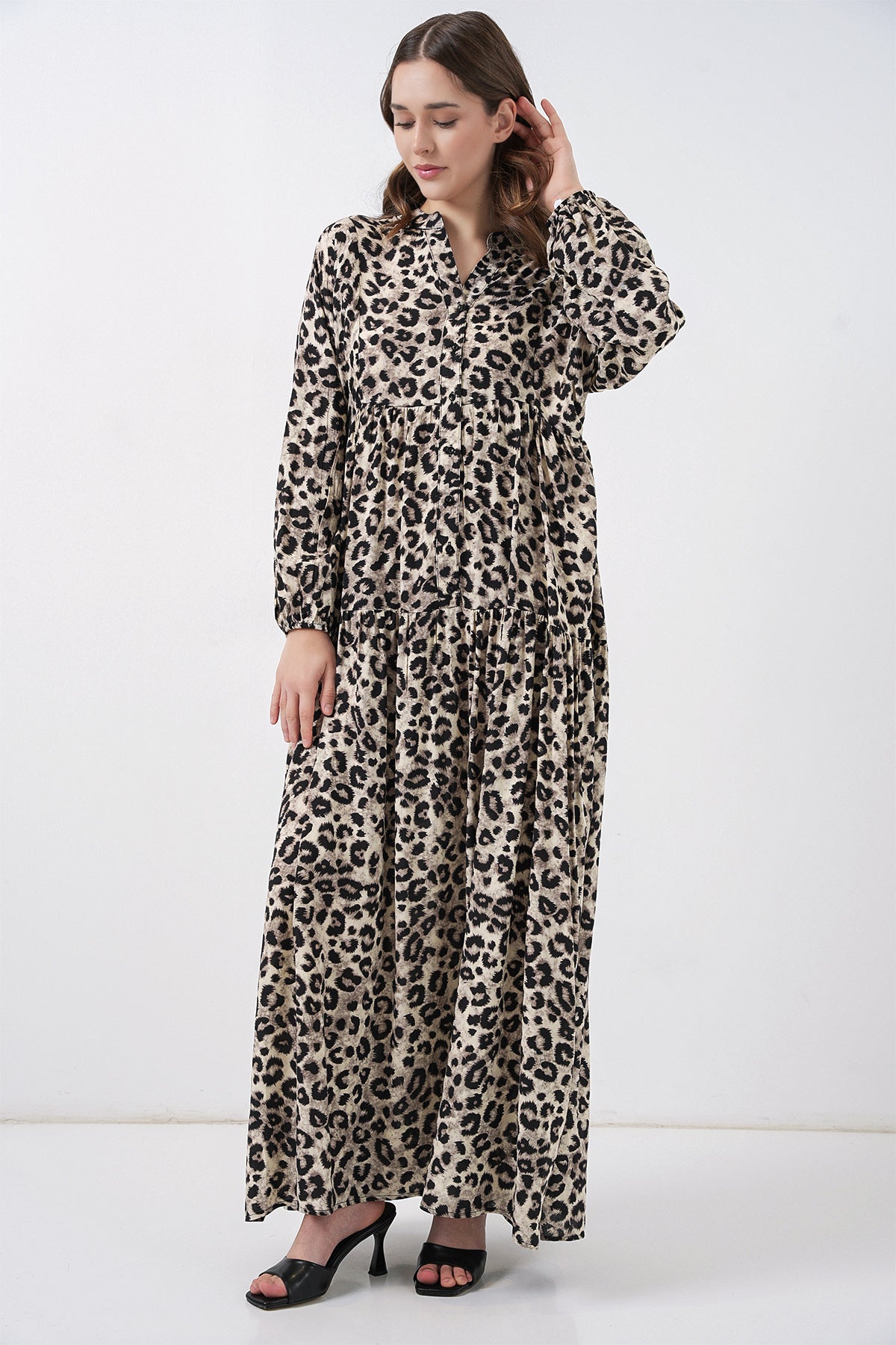 Kadın Bej Siyah Viskon Tesettür Elbise 2423