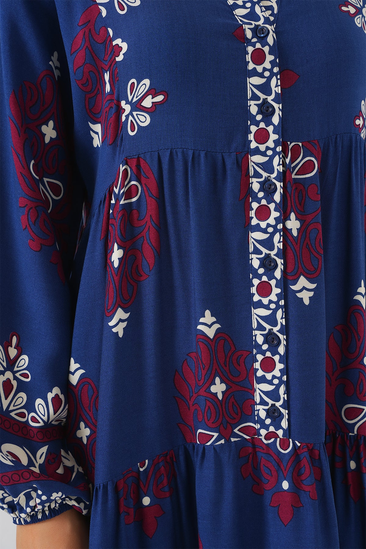 2423 Otantik Desenli Tesettür Elbise - Petrol 1