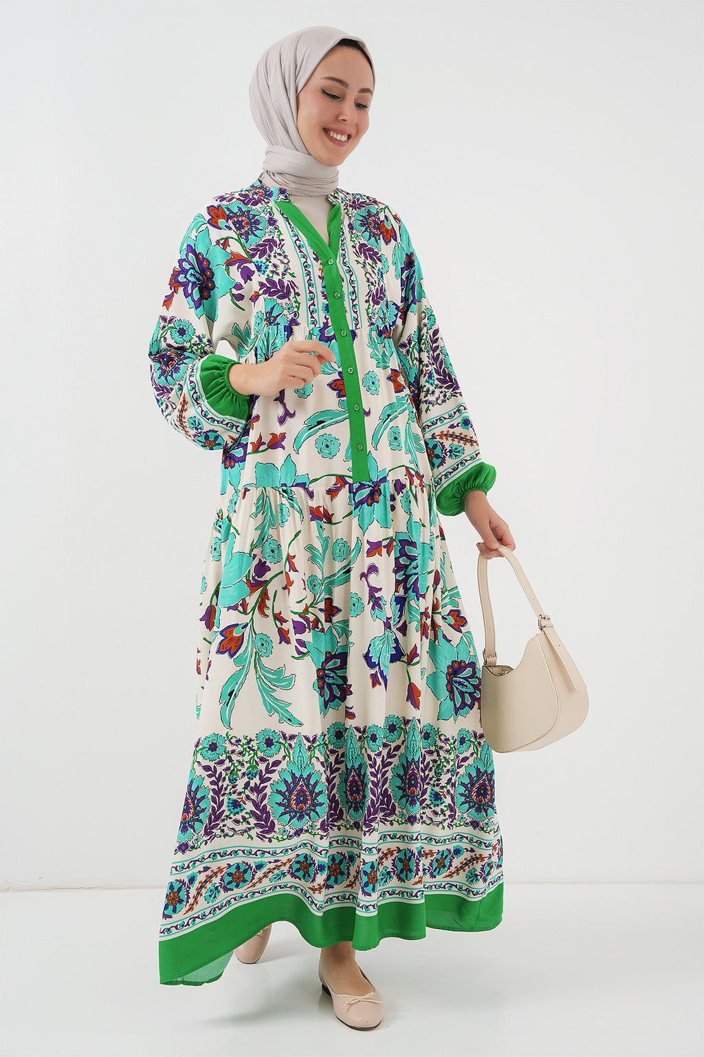 2423 Otantik Desenli Tesettür Elbise - Yeşil 1