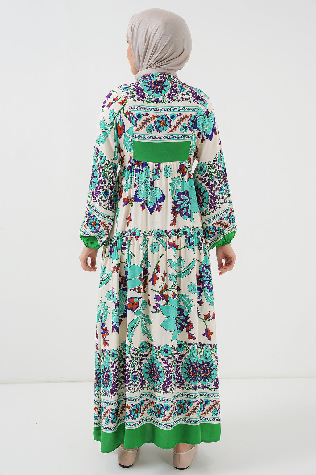 2423 Otantik Desenli Tesettür Elbise - Yeşil 1
