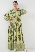 2423 Otantik Desenli Tesettür Elbise - Yeşil 4