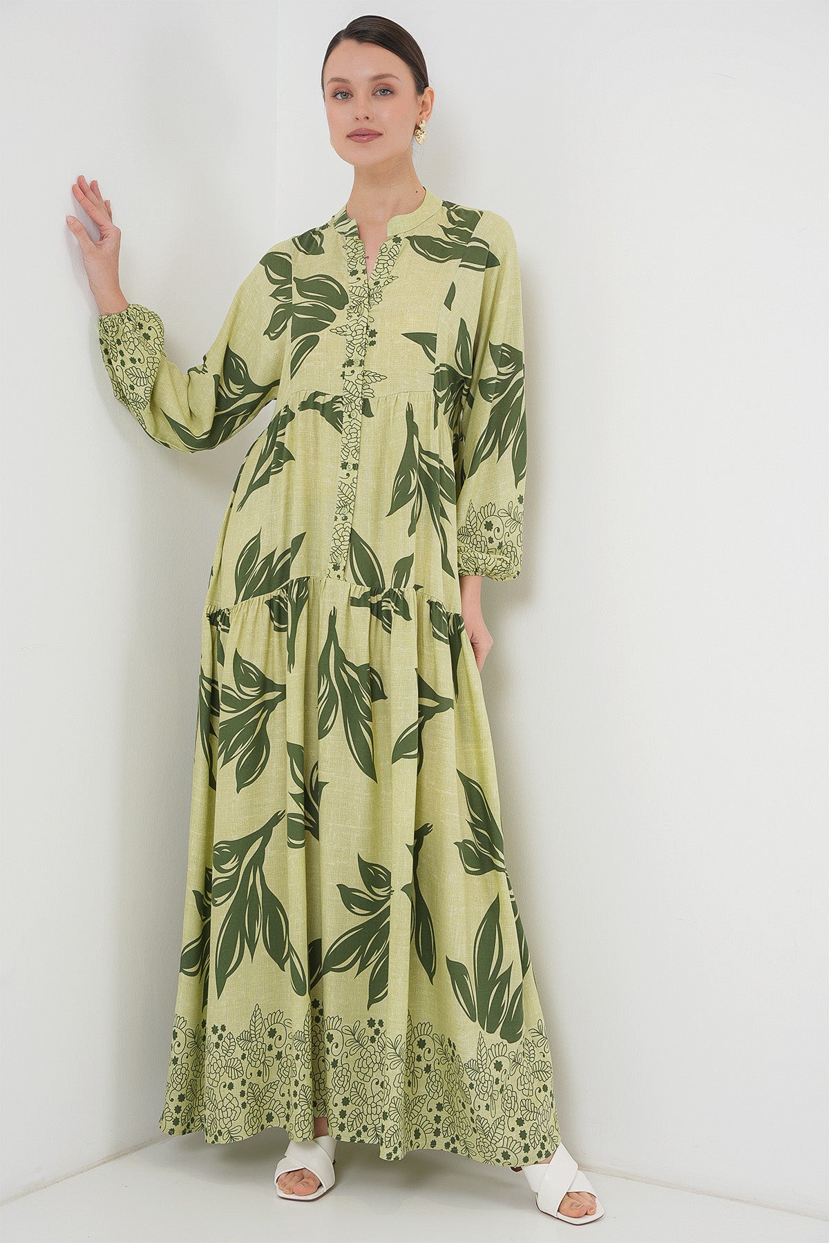 2423 Otantik Desenli Tesettür Elbise - Yeşil 4